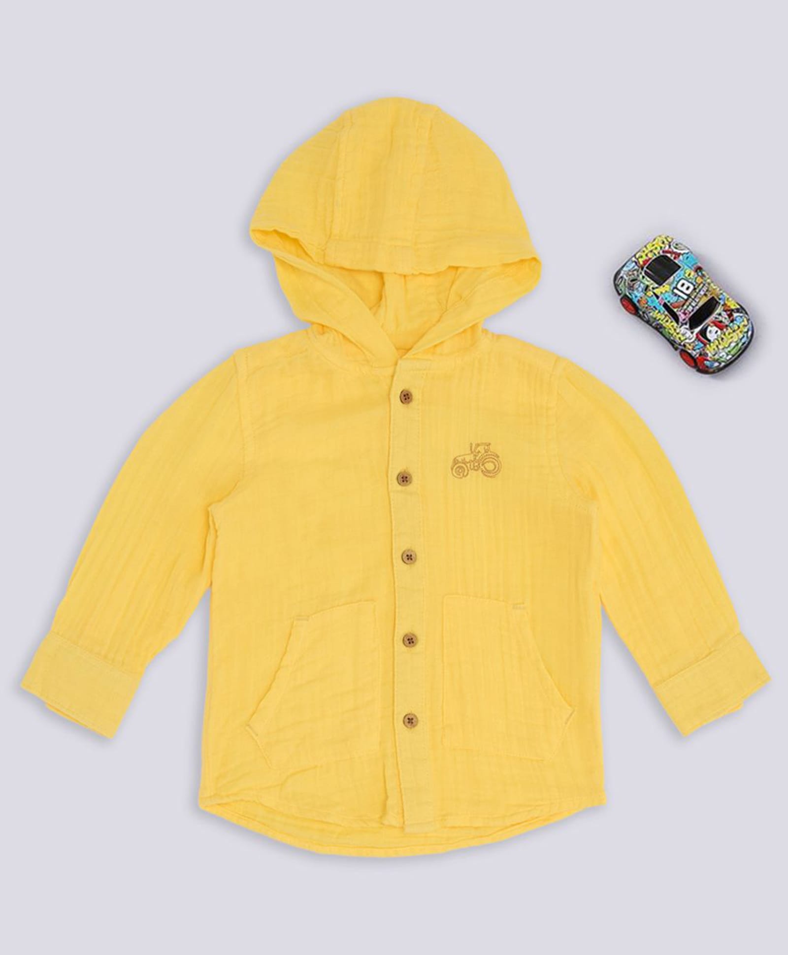 Pantaloons Baby Cotton Woven Full Sleeves Tractor Embroidered Hooded Shirt - Yellow-picture-17