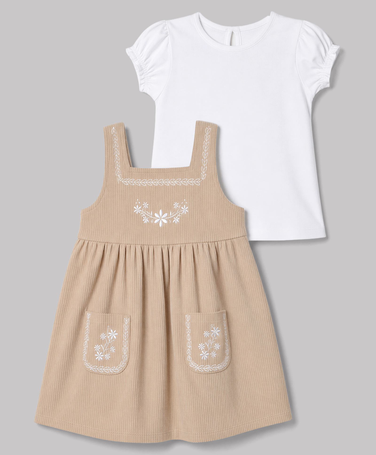 Babyhug Corduroy Woven Frock with Inner Tee with Half Sleeves and Floral Embroidery - Beige-image-49