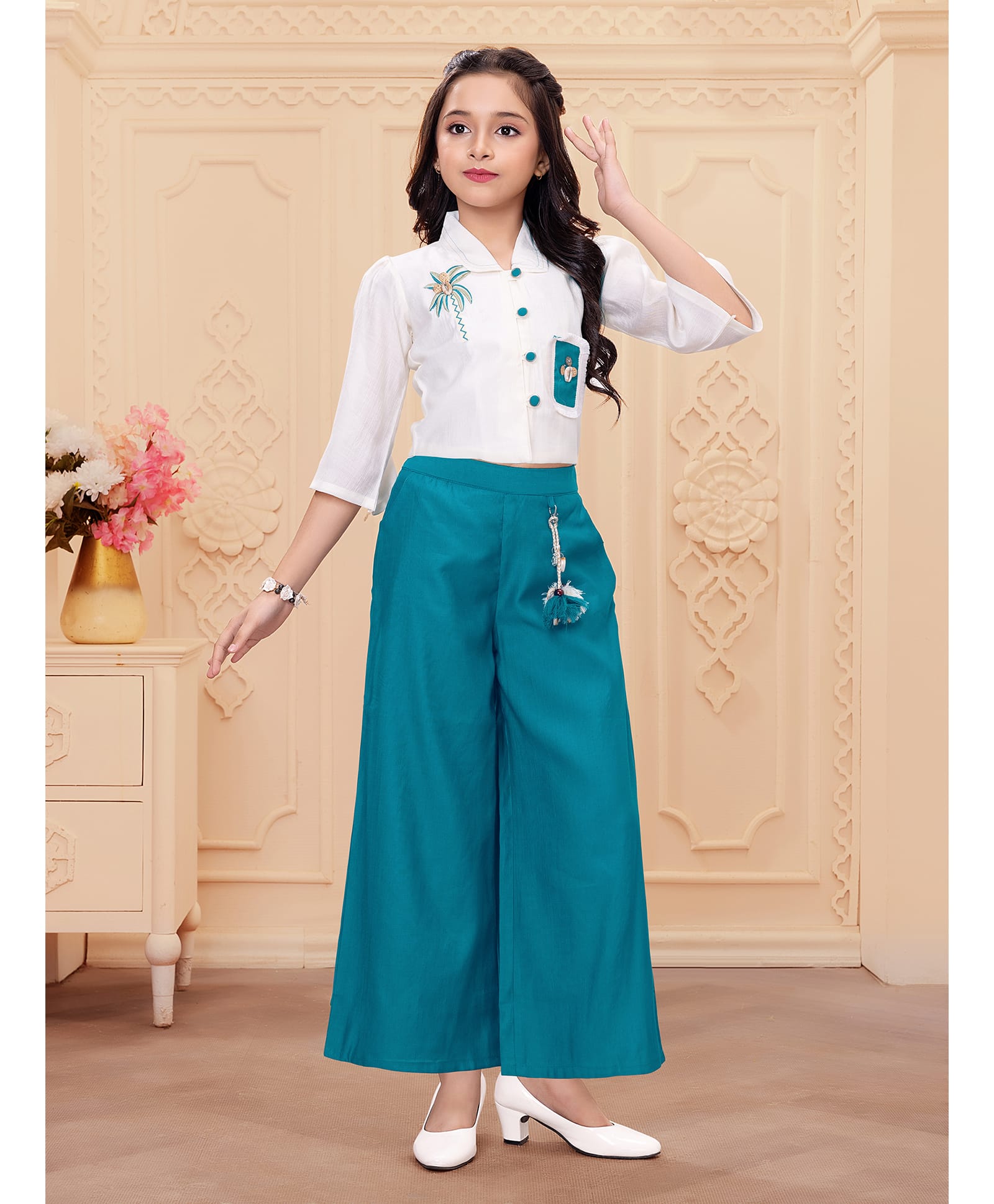 Ministitch Woven Three Fourth Tree Embroidered Top & Palazzo Set - Teal-picture-43
