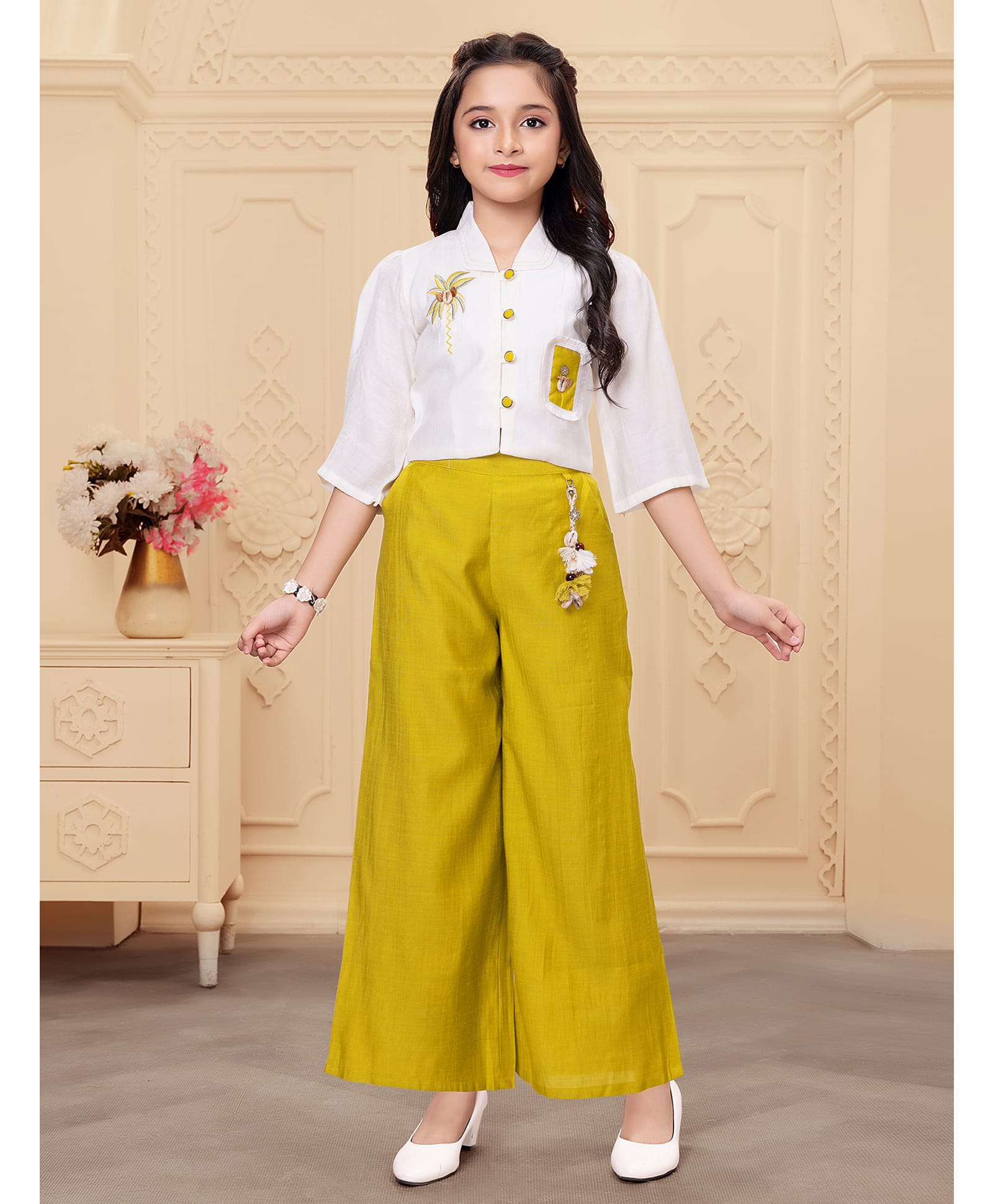Ministitch Woven Three Fourth Tree Embroidered Top & Palazzo Set - Yellow-picture-25