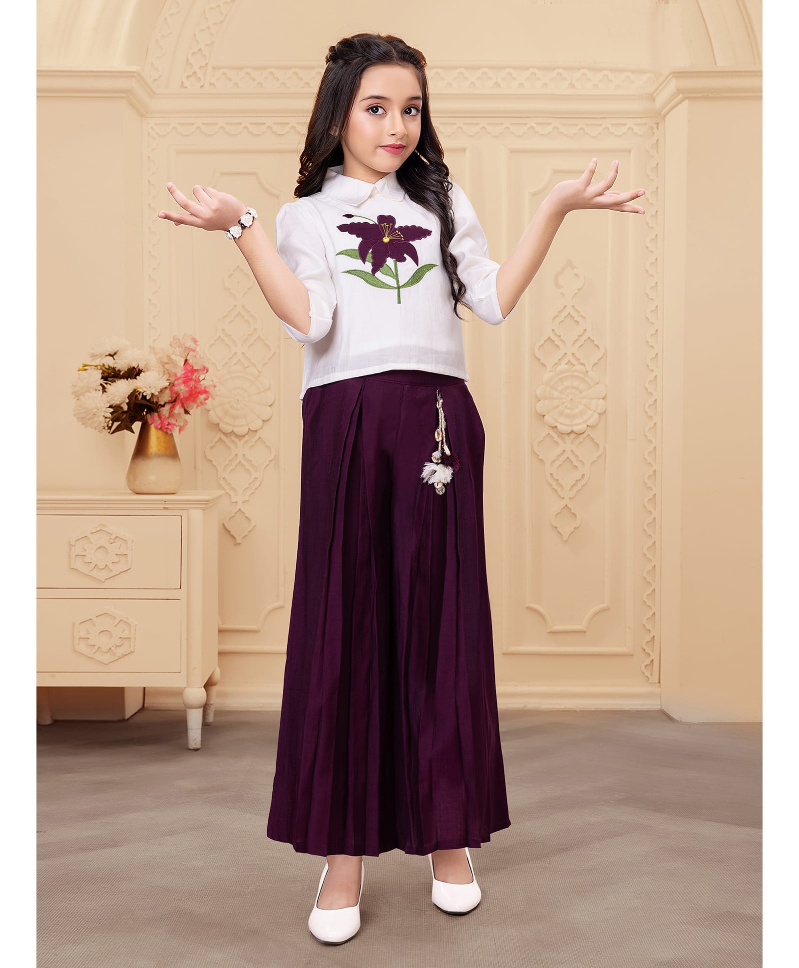 Ministitch Woven Three Fourth Sleeves Floral Embroidered Top & Palazzo Set - Wine-image-26