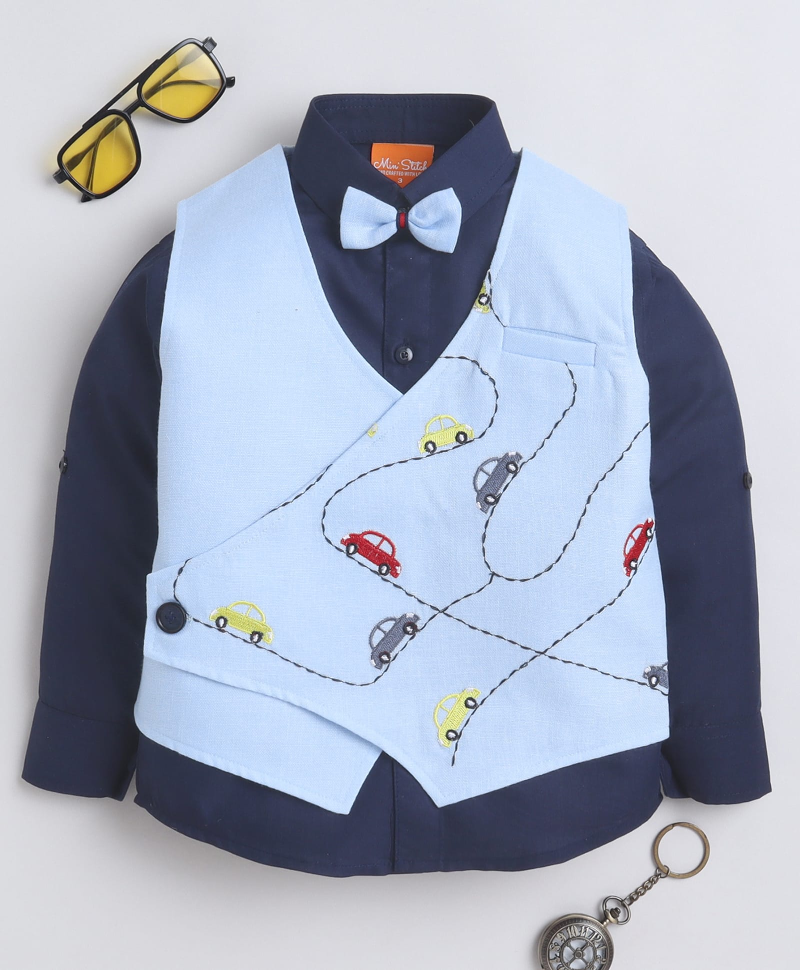 Ministitch Cotton Woven Full Sleeves Shirt & Cars Embroidered Waistcoat With Bow - Blue-picture-18