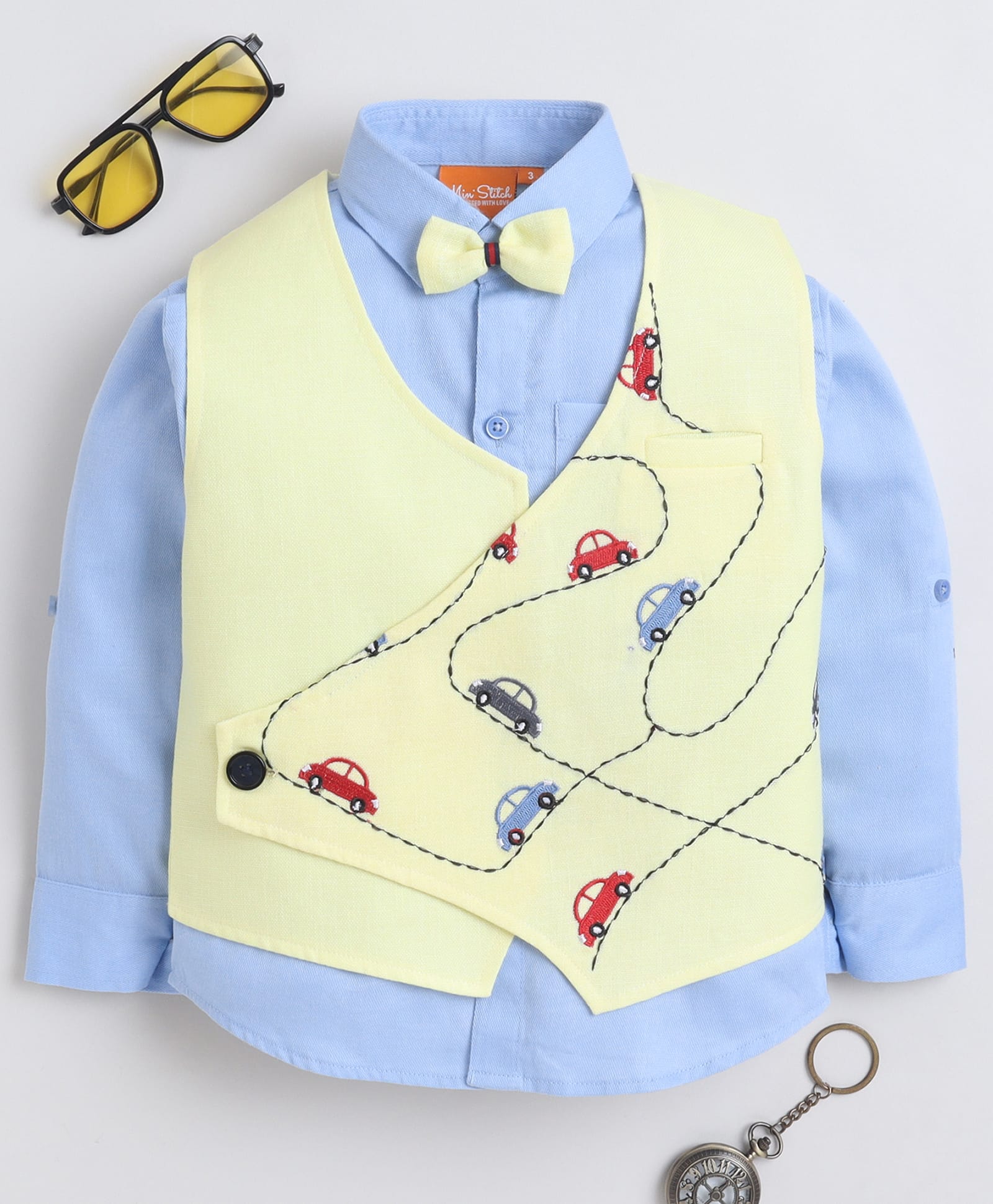 Ministitch Cotton Woven Full Sleeves Shirt & Cars Embroidered Waistcoat With Bow - Yellow-picture-12
