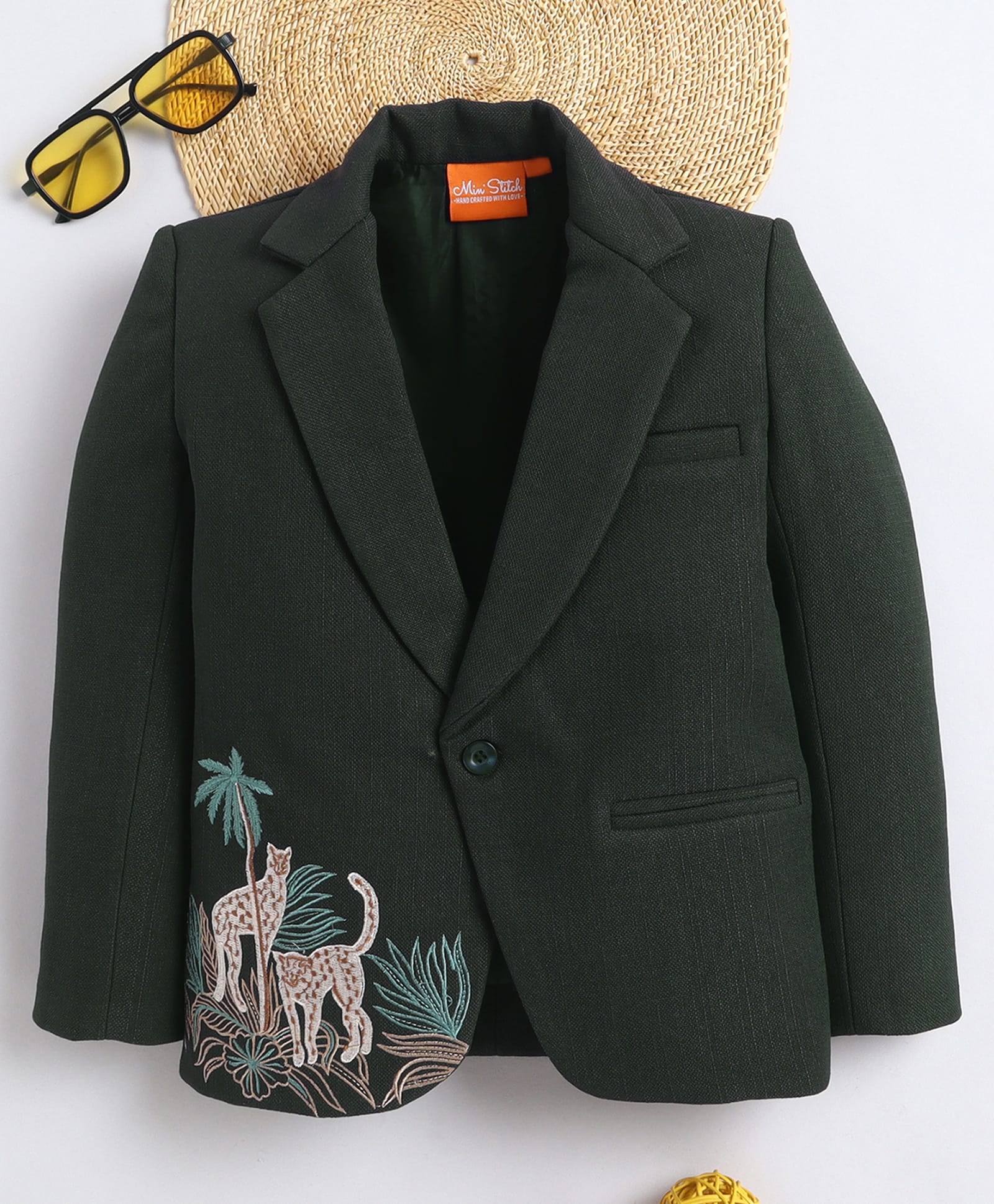 Ministitch Cotton Woven Full Sleeves Jungle Theme Embroidered Blazer - Olive Green & Black-picture-25