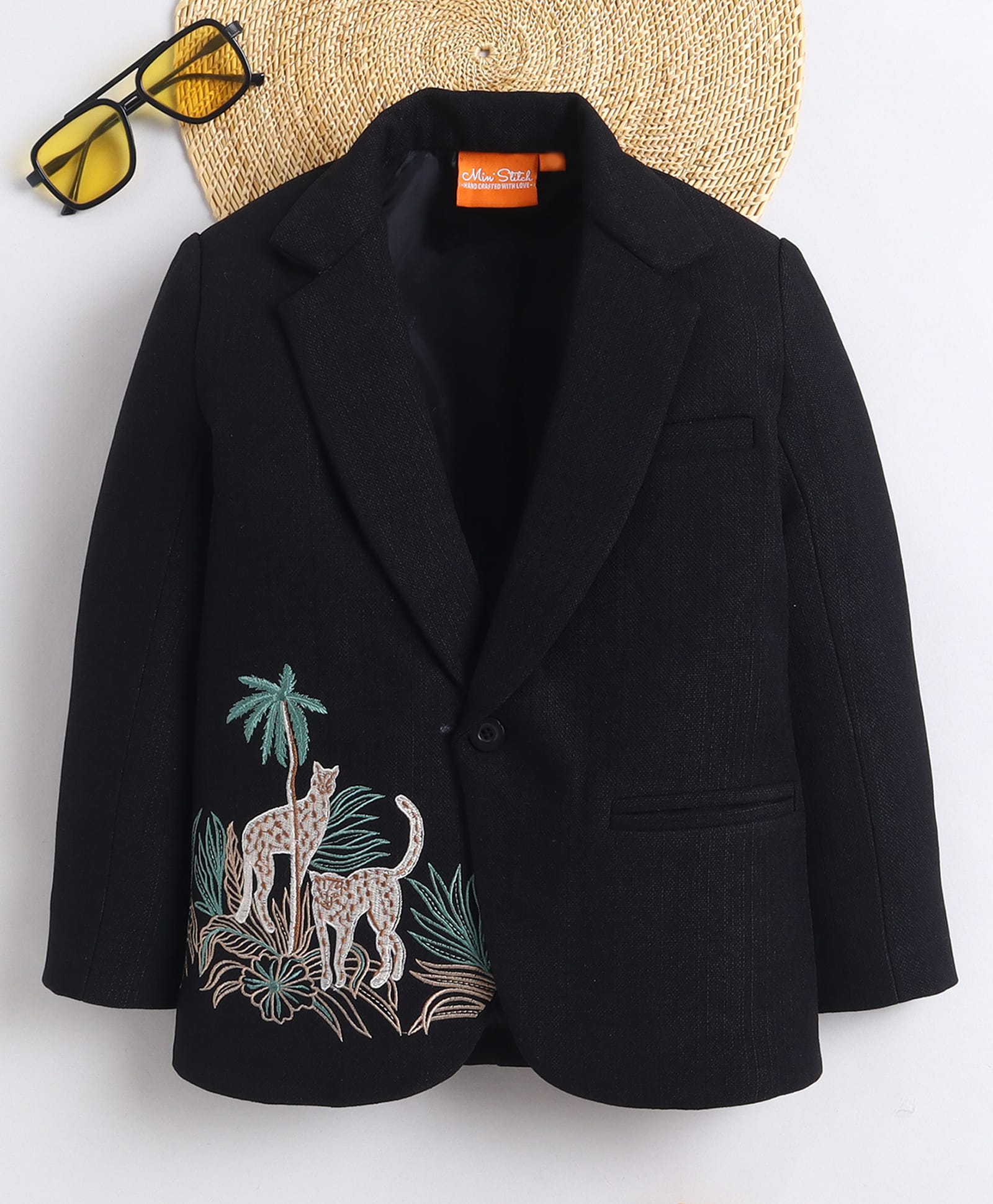 Ministitch Cotton Woven Full Sleeves Jungle Theme Embroidered Blazer - Black-image-34