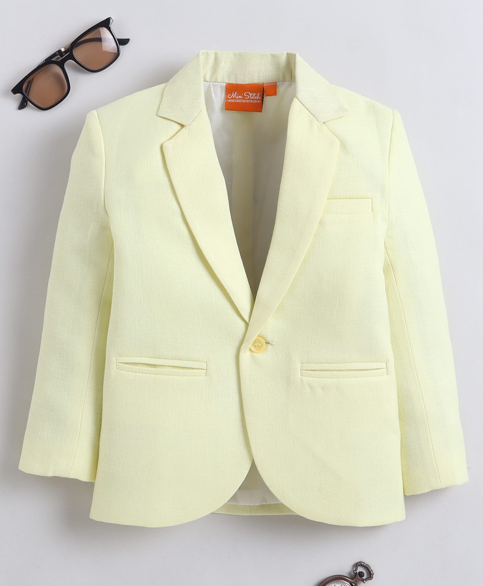 Ministitch Cotton Woven Full Sleeves Solid Blazer - Yellow-image-10