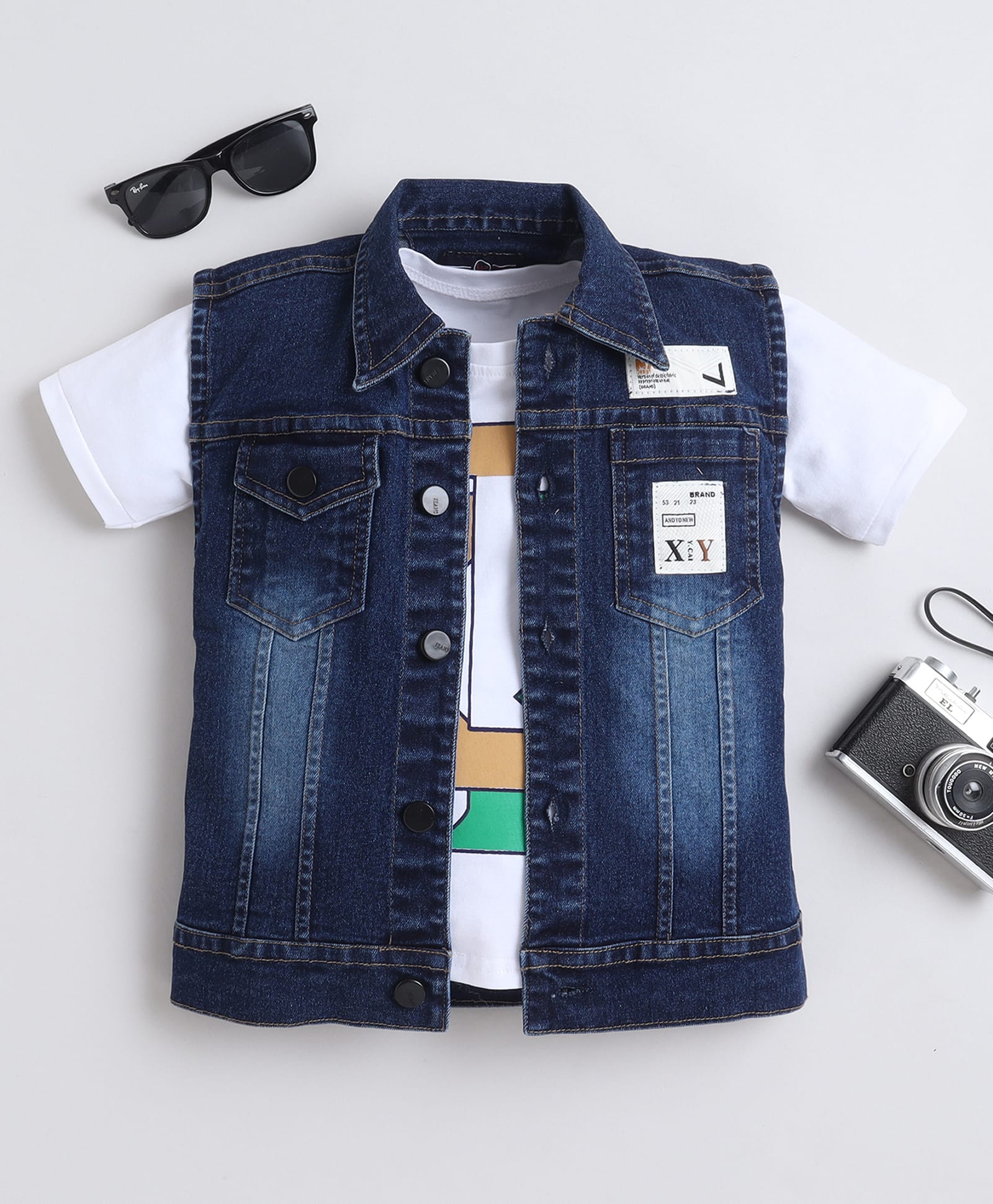 Ministitch Denim Woven Sleeveless Abstract Patch Detailed Jacket With Tee - Dark Blue-image-35