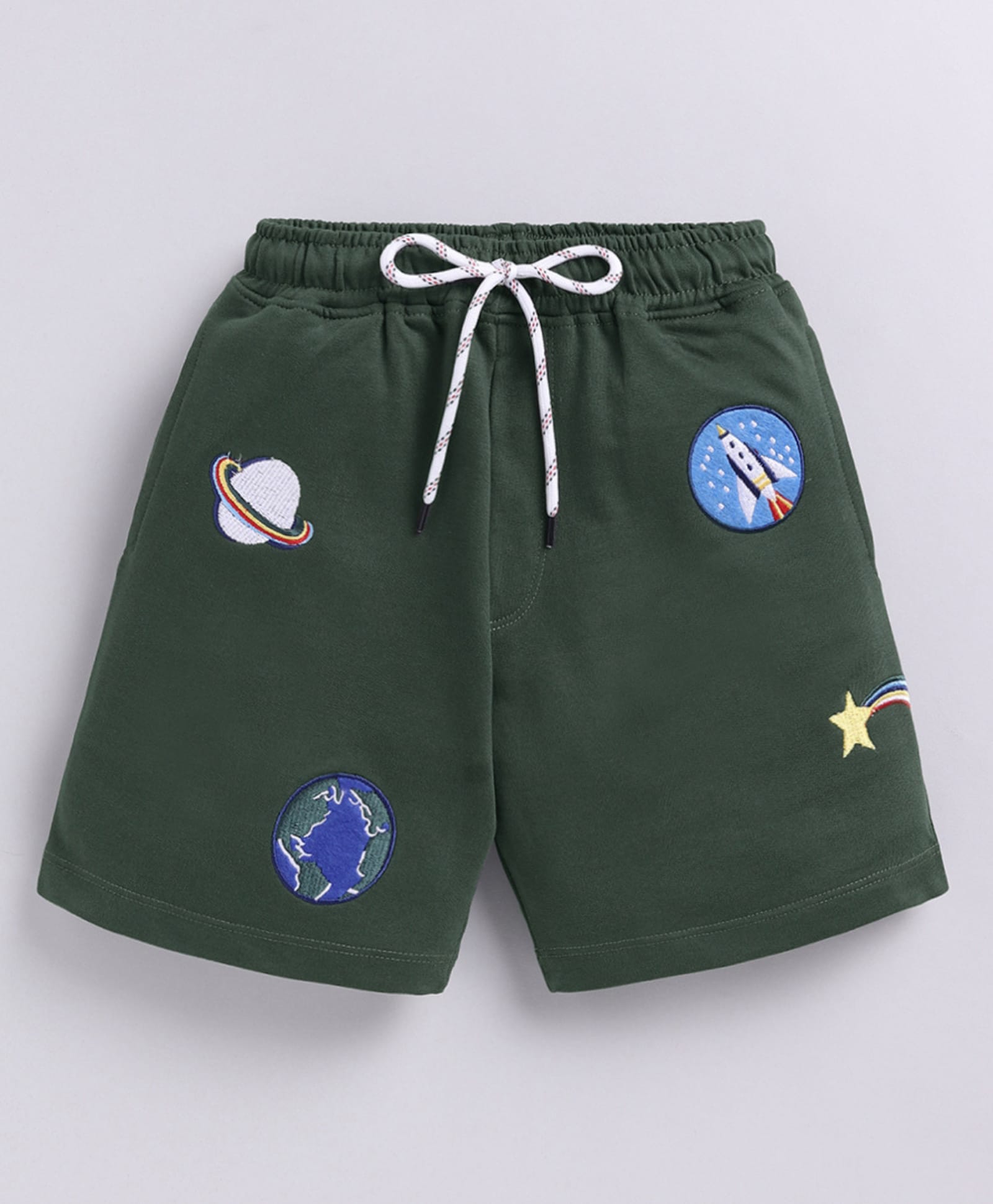 Kidcity Cotton Sinker Knit Space Theme Embroidered Shorts - Olive Green-picture-31