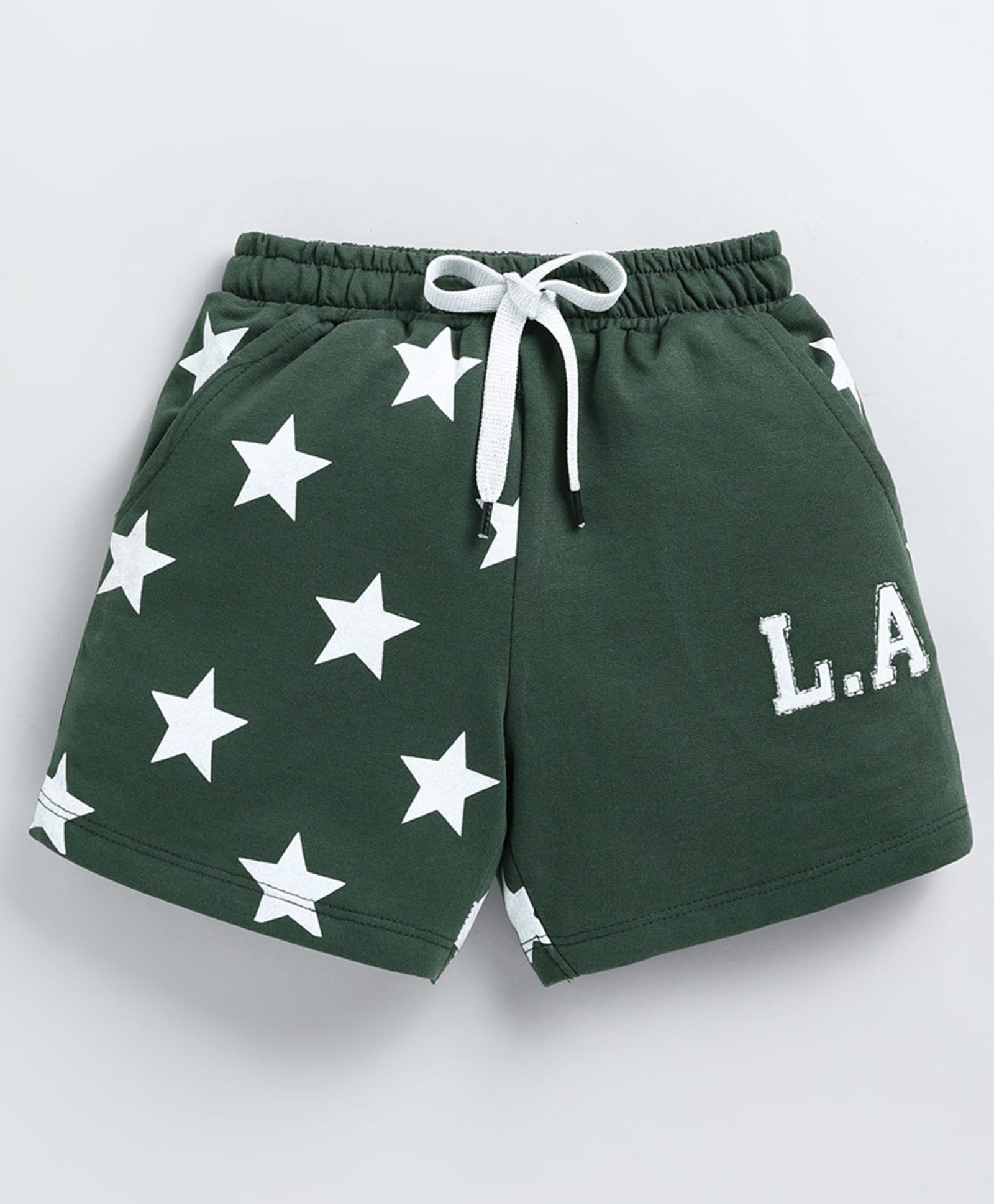 Kidcity Cotton Sinker Knit Stars & LA Text Printed Shorts - Dark Green-picture-27