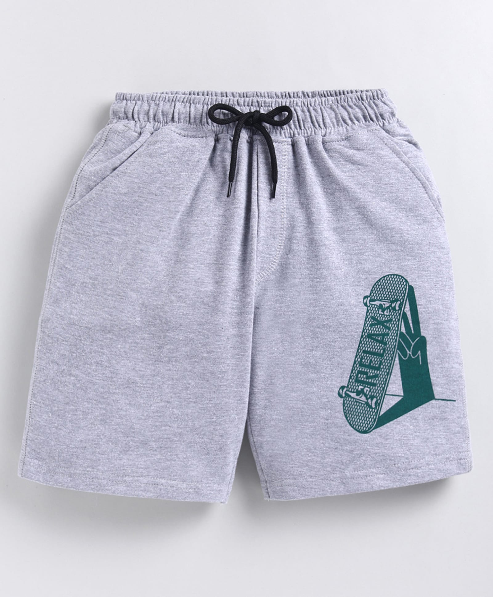 Kidcity Cotton Sinker Knit Relax Text & Skateboard Printed Shorts - Grey-image-4