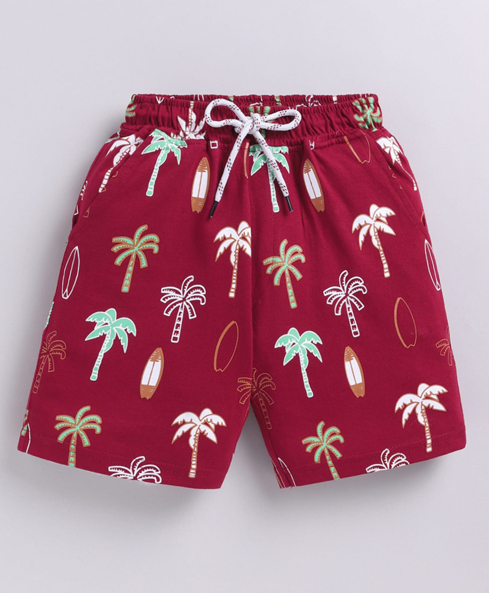 Kidcity Cotton Sinker Knit Palm Trees & Surfboard Printed Shorts - Maroon-picture-20