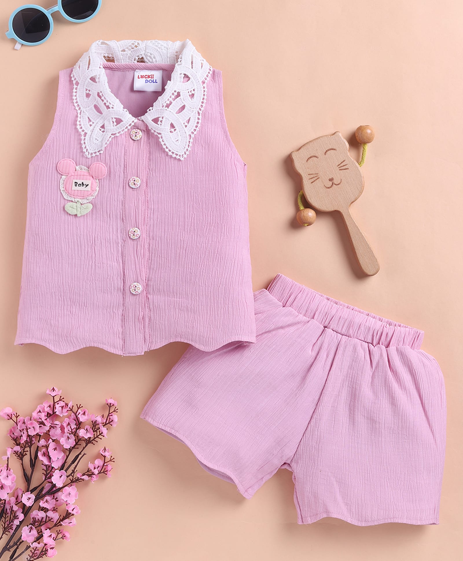 LACKii DOLL Georgette Knit Sleeveless Lace & Teddy Applique Detailed Shirt & Shorts Set - Pink-image-28