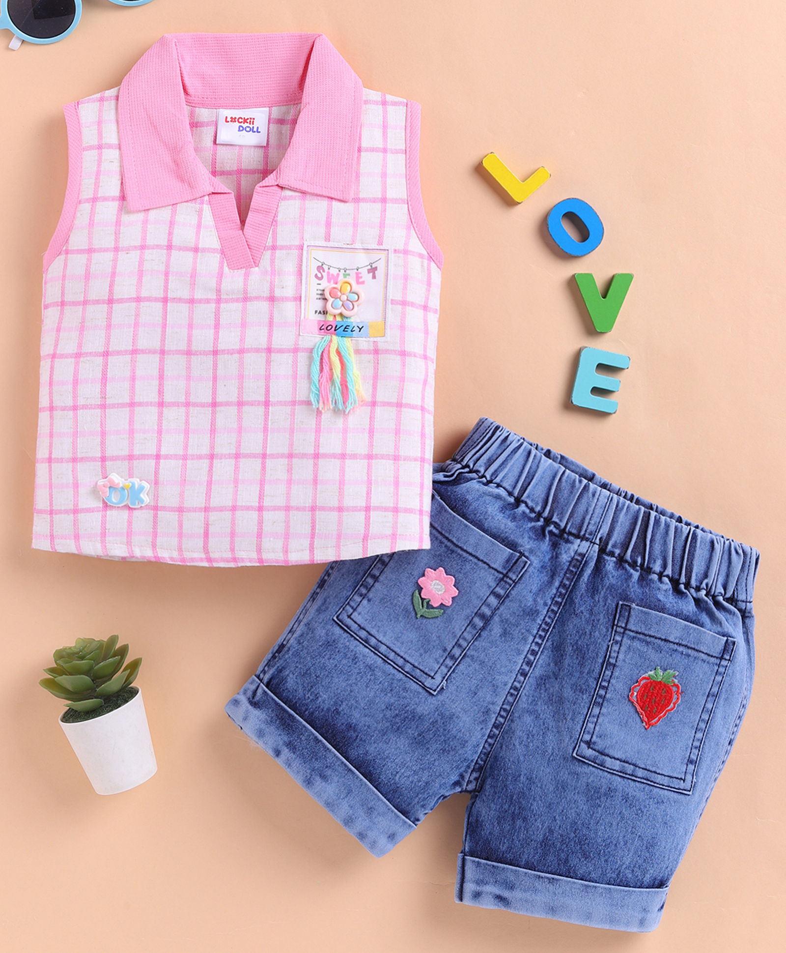 LACKii DOLL Cotton Blend Knit Sleeveless Floral & Tassel Applique Detailed Checked Top & Shorts Set - Pink-image-9