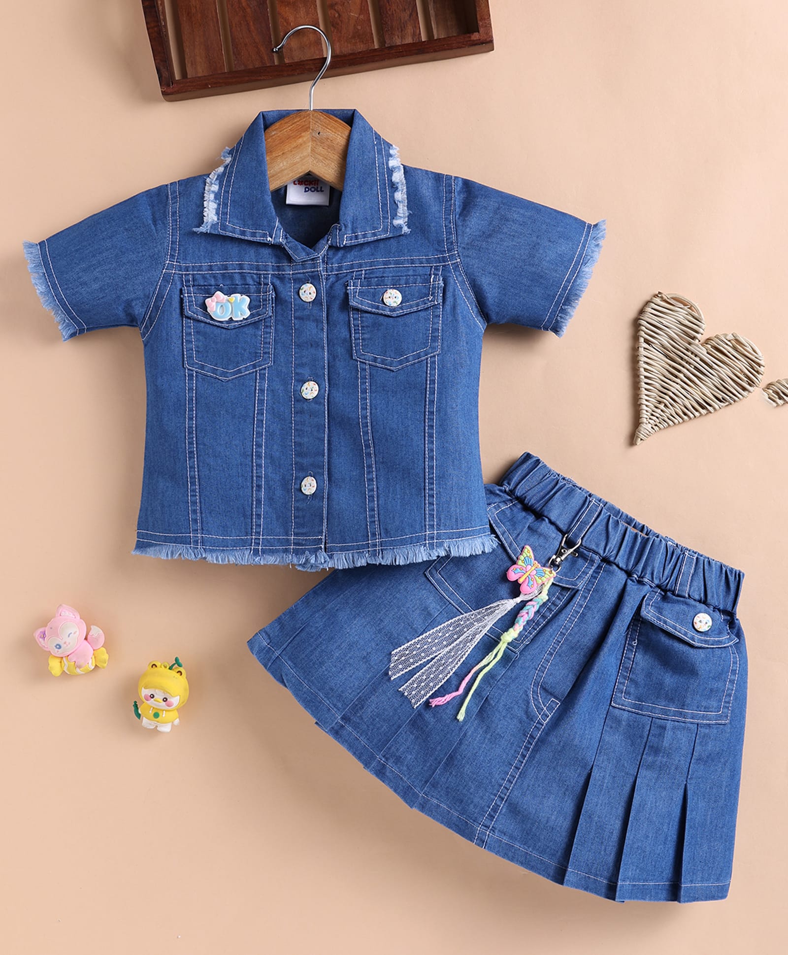 LACKii DOLL Denim Half Sleeves OK Text Applique Detailed Top & Skirt Set - Blue-image-4