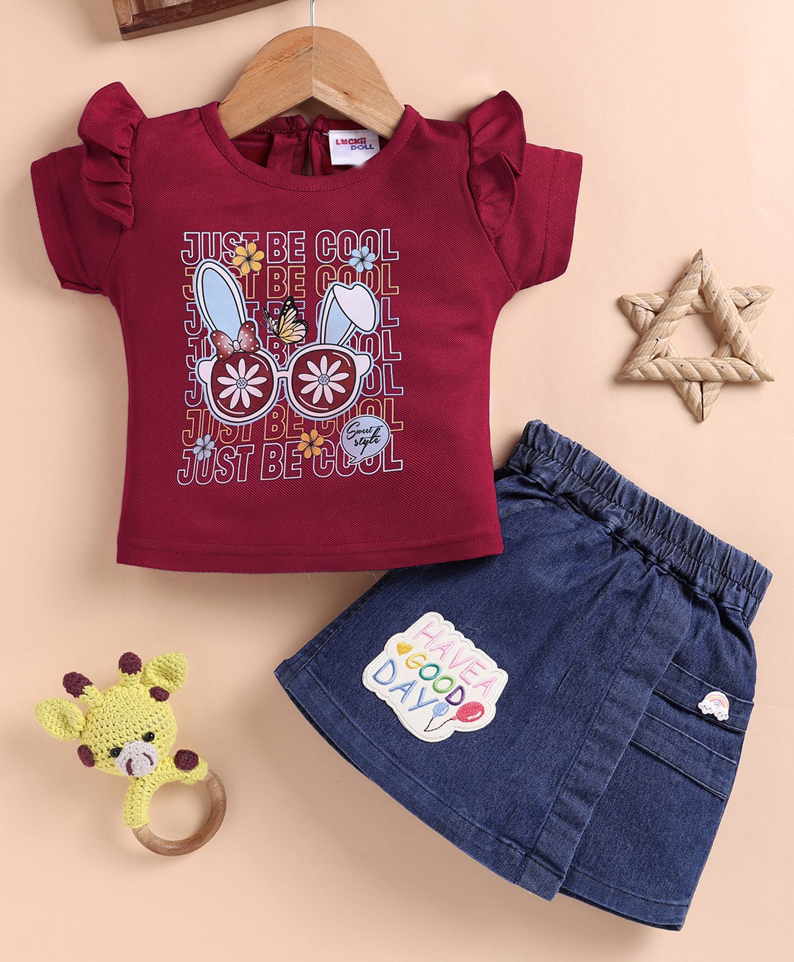 LACKii DOLL Cotton Blend Knit Half Puffed Sleeves Typography & Sunglasses Printed Top & Skorts Set - Red-image-24