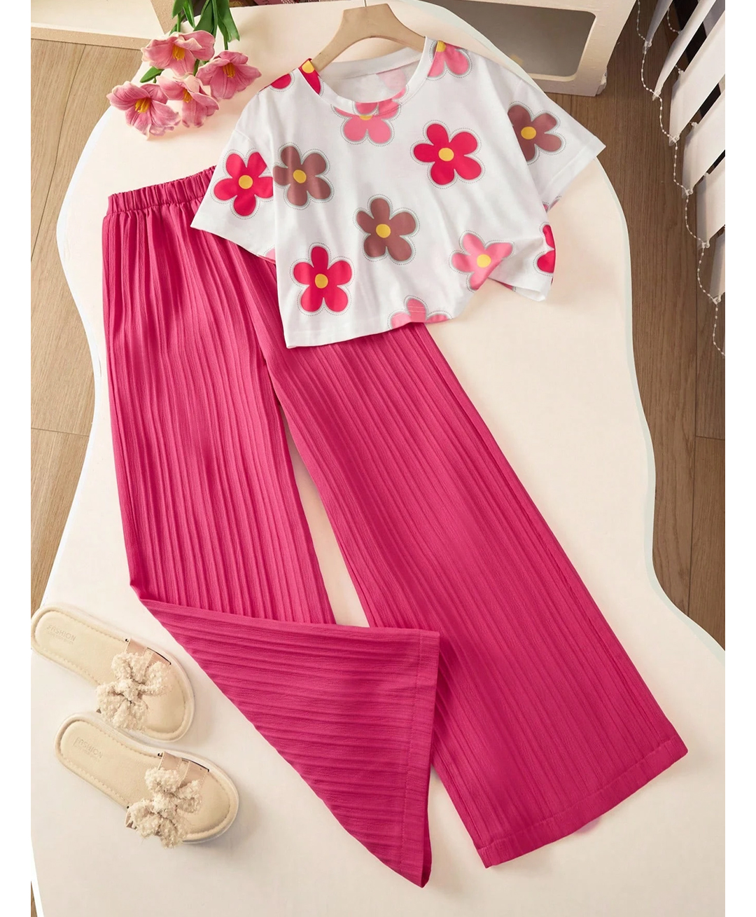 tior Knit Half Sleeves Floral Printed Top & Pants Set - Pink-image-39