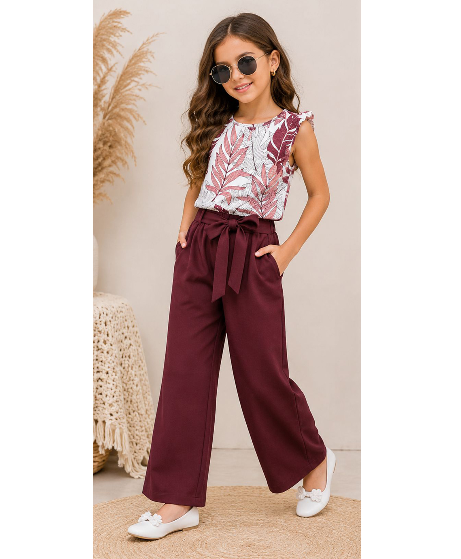 tior Woven Sleeveless Tropical Theme Printed Top & Pant Set - Wine-image-0