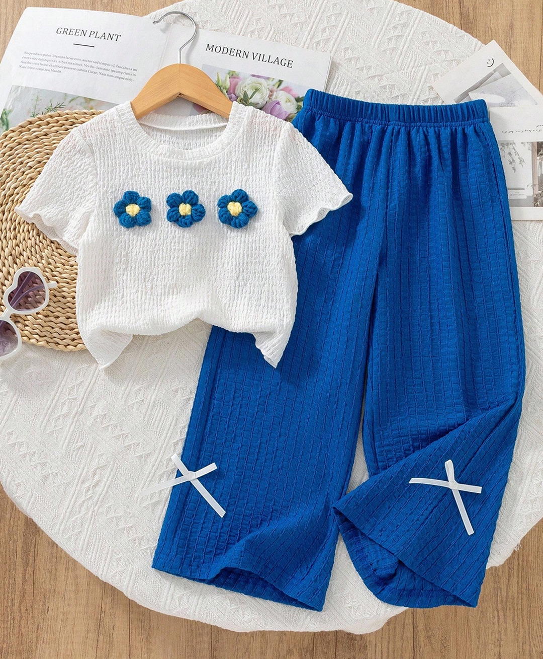 tior woven half sleeves floral applique detailed top & pants set - white & blue