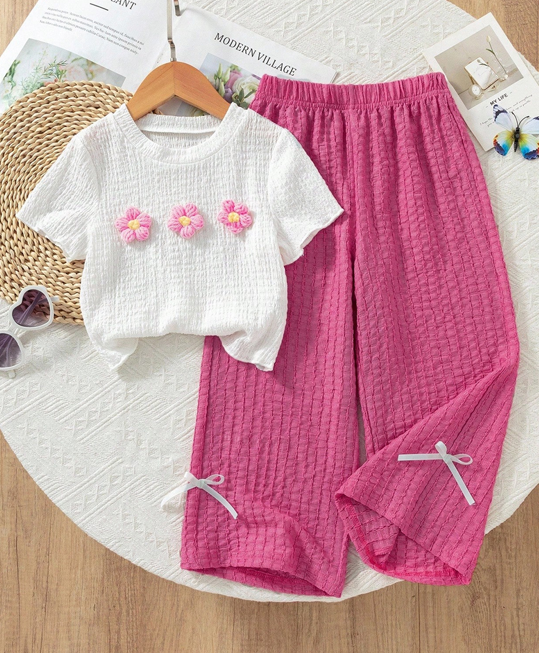 tior Woven Half Sleeves Floral Applique Detailed Top & Pants Set - Pink-image-27
