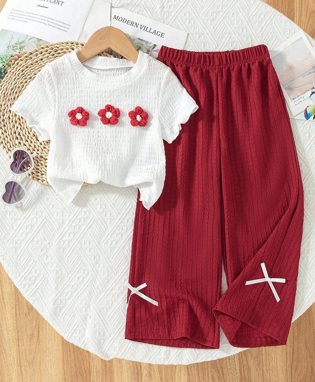tior Woven Textured Short Sleeve Floral Applique Top And Wide-Leg Pants Set - Red-picture-15