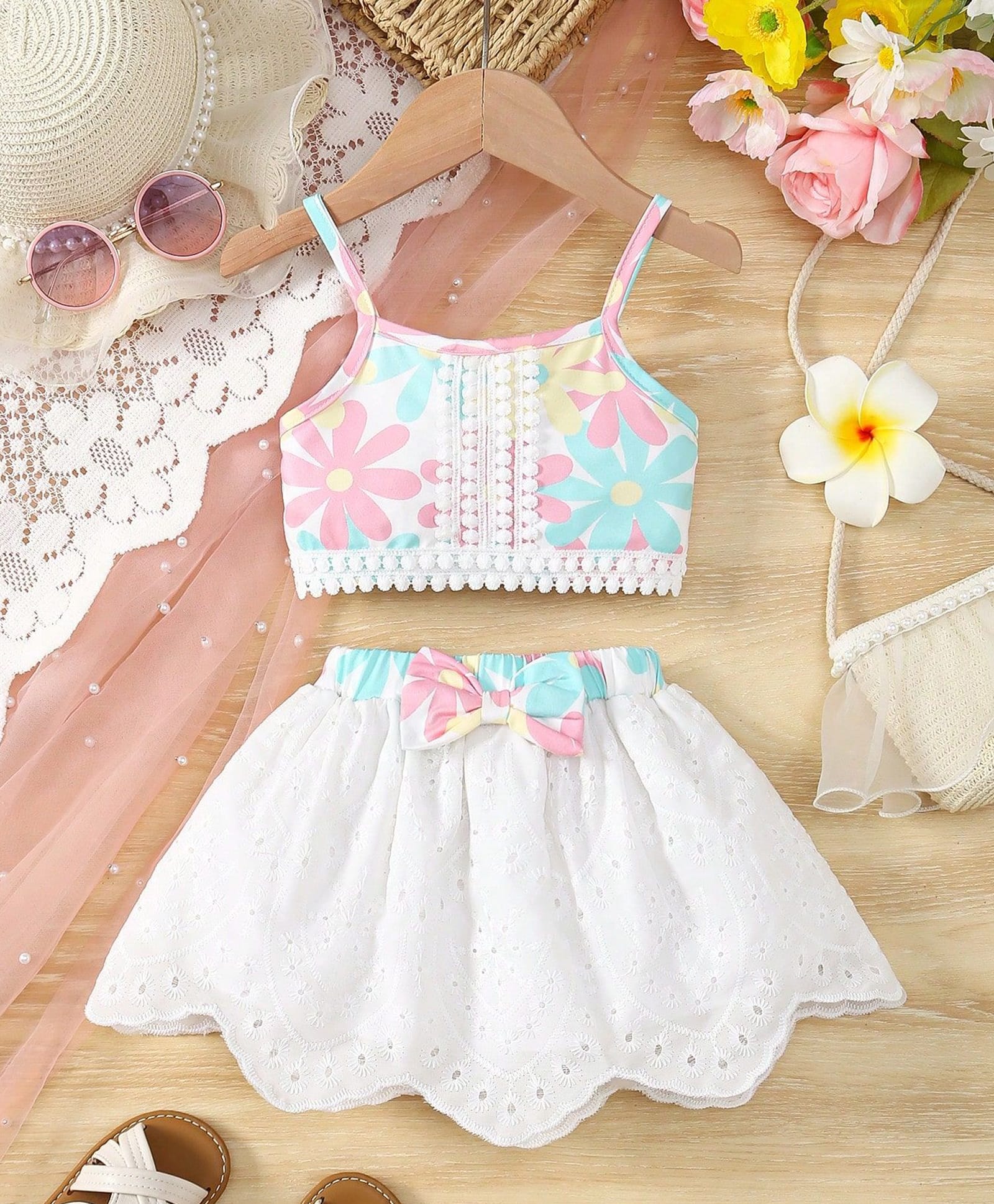 tior Woven Sleeveless Lace Embellished Floral Printed Crop Top & Skirt Set - Pink-picture-24
