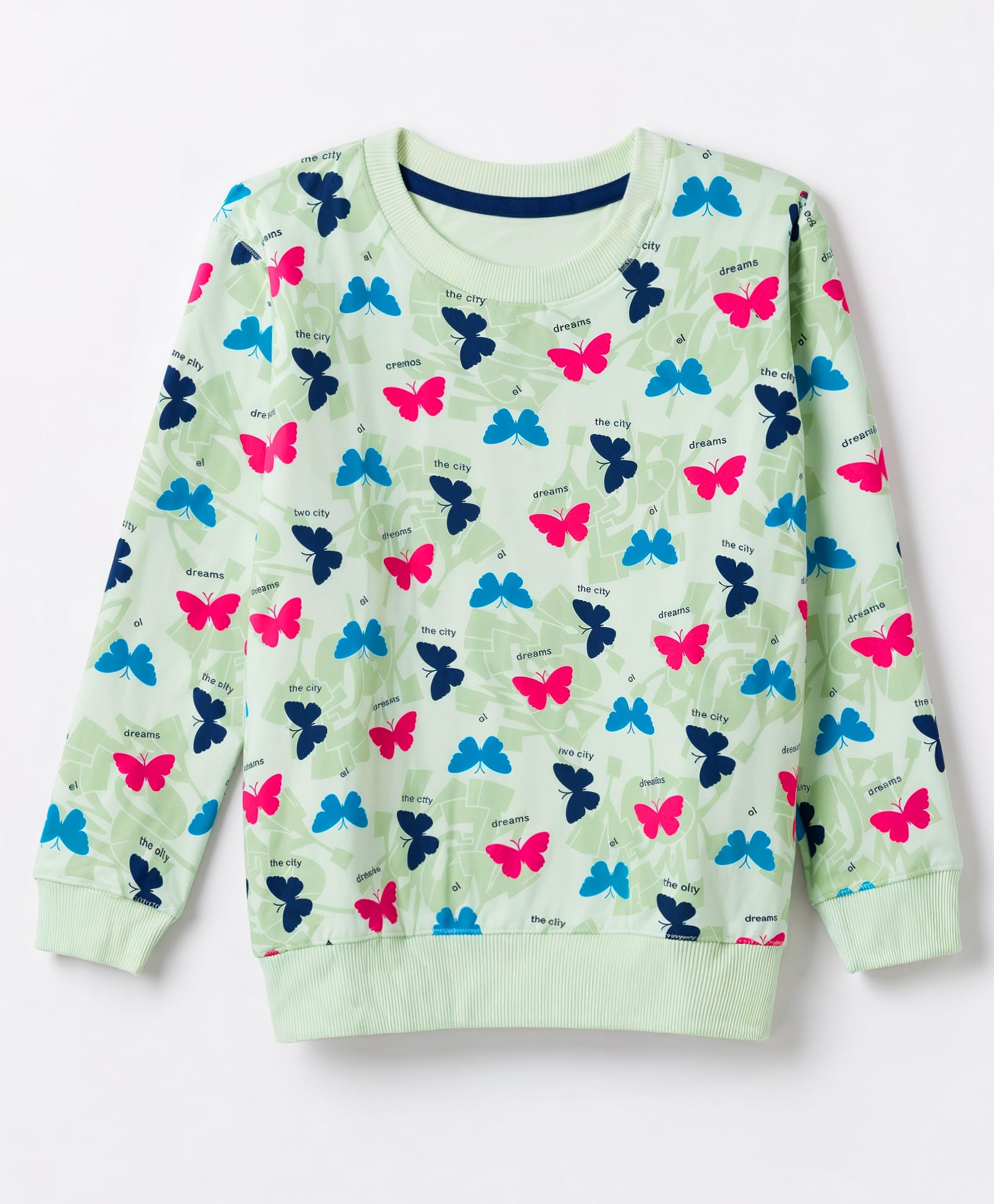 Doreme Fleece Knit Full Sleeves Butterfly Printed Sweatshirt - Green-image-25
