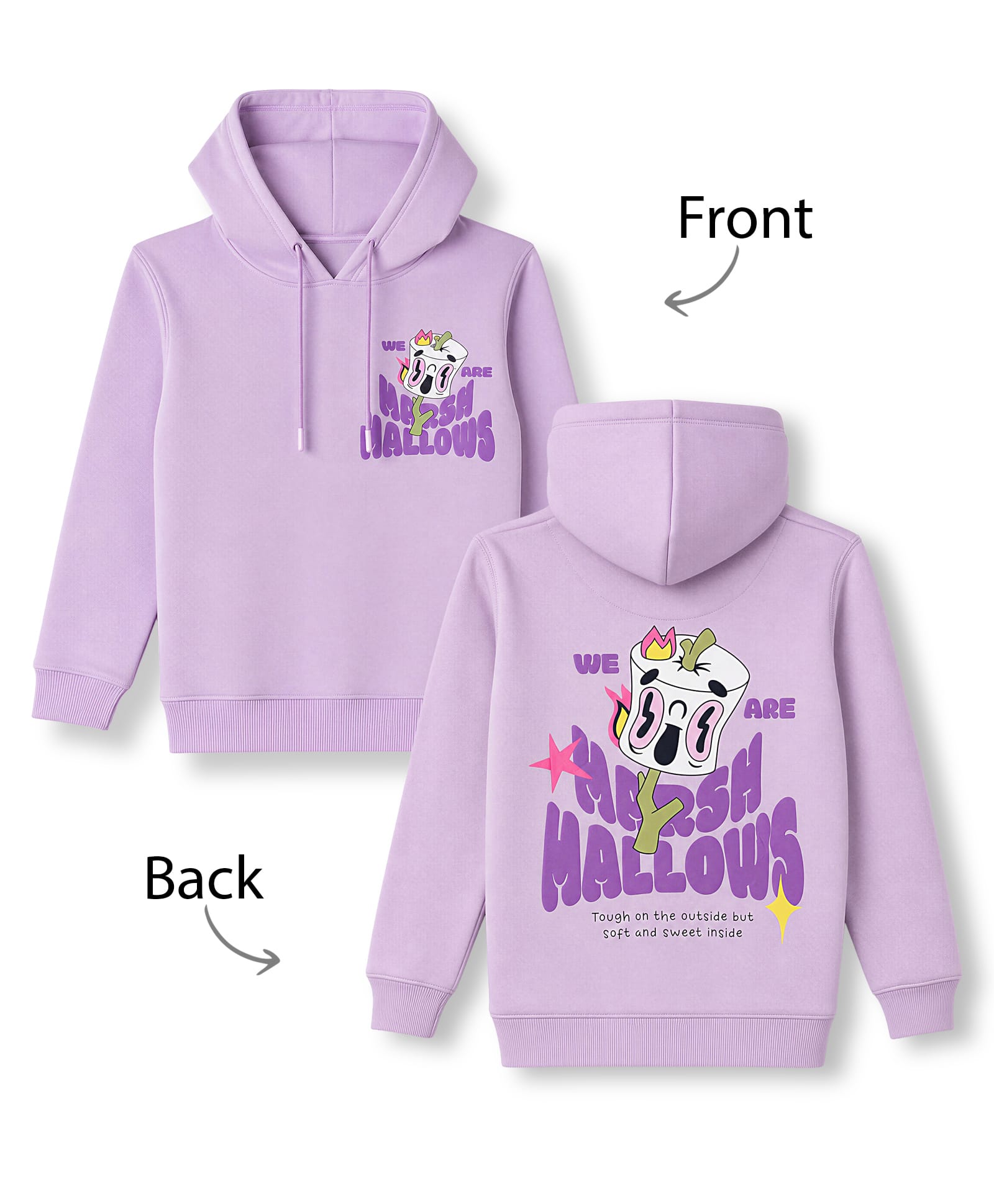 Doreme Fleece Knit Full Sleeves Front & Back Marshmallow Printed Hooded Sweatshirt - Mauve-image-47