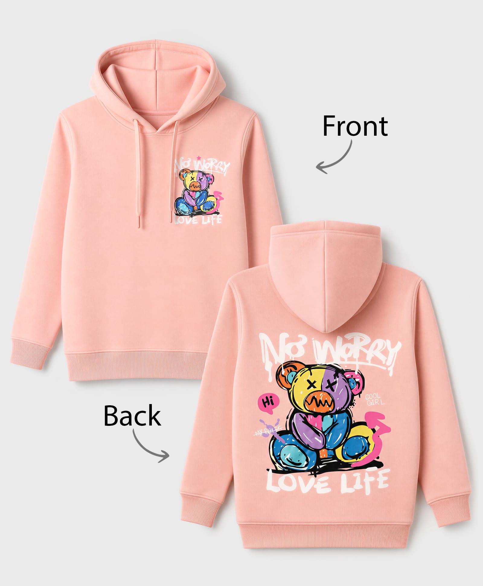 Doreme Fleece Knit Full Sleeves Hooded Sweatshirt with Front & Back Bear Print - Peach-image-10