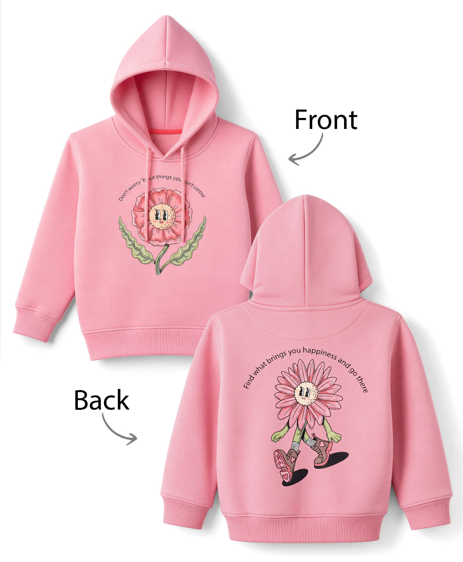 Doreme Fleece Knit Full Sleeves Front & Back Floral Printed Hooded Sweatshirt - Pink-picture-11
