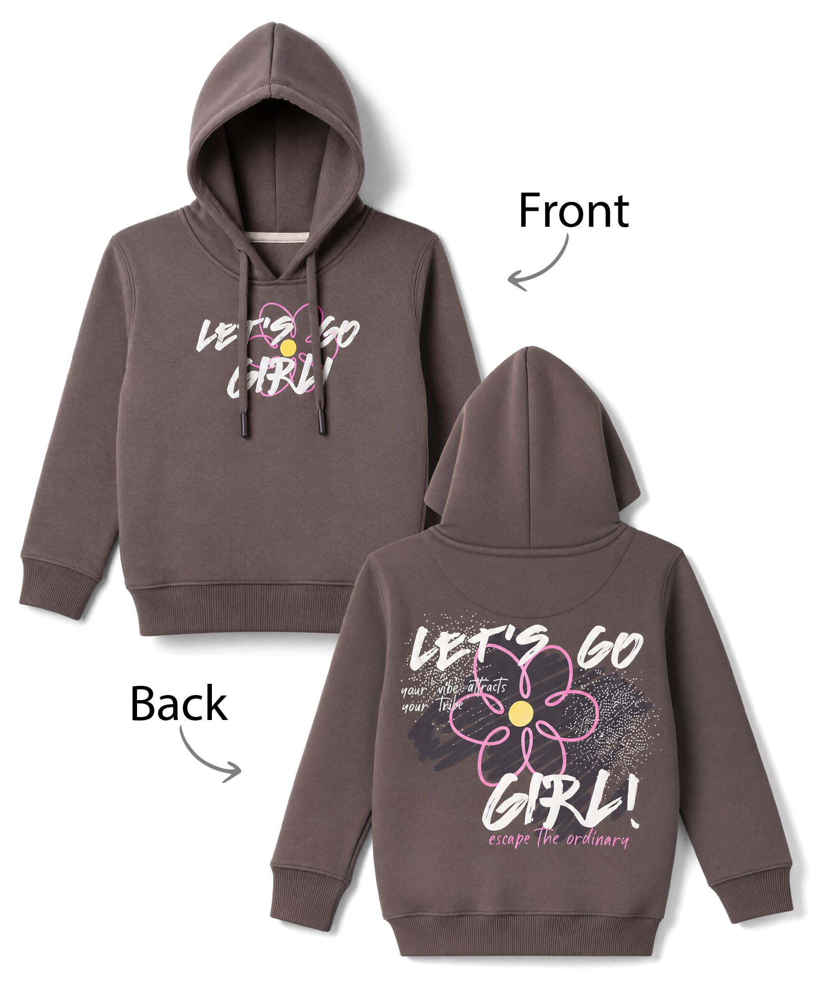 Doreme Fleece Knit Full Sleeves Front & Back Let's Go Girl Printed Hooded Sweatshirt - Grey-image-27