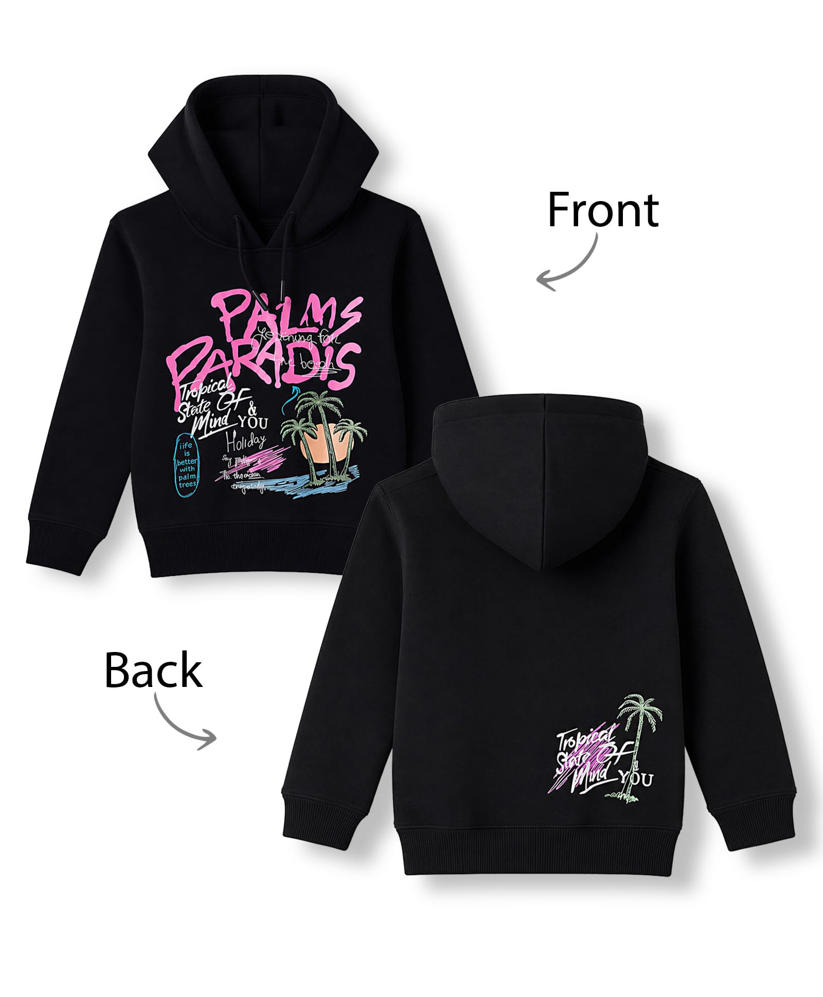 Doreme Fleece Knit Full Sleeves Front & Back Tropical Theme Printed Hooded Sweatshirt - Black-image-40