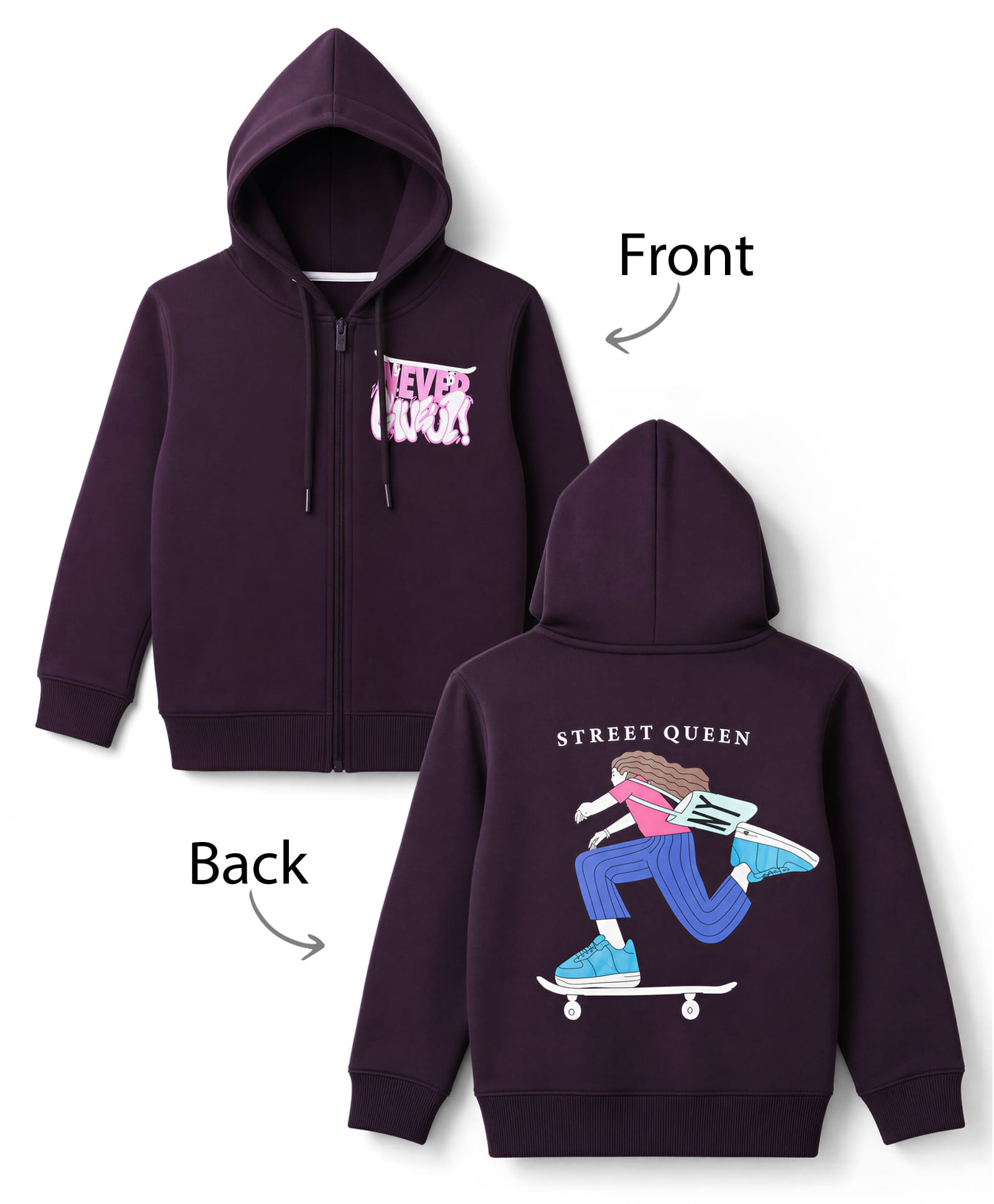 Doreme Fleece Knit Full Sleeves Front & Back Skater Girl Printed Hooded Sweatshirt - Wine-picture-25