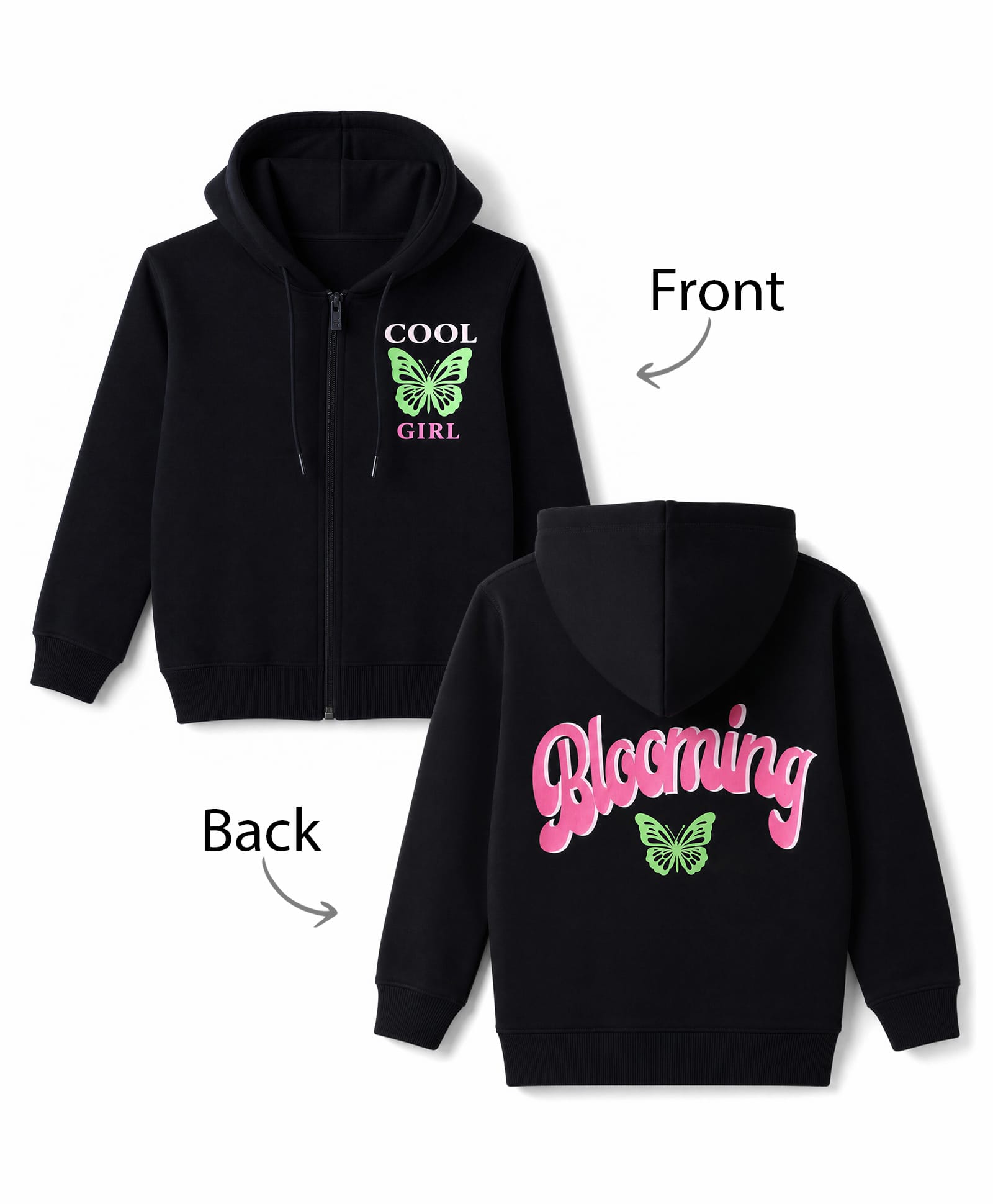 Doreme Fleece Knit Full Sleeves Hooded Sweatshirt with Front & Back Butterfly Print - Navy-image-44