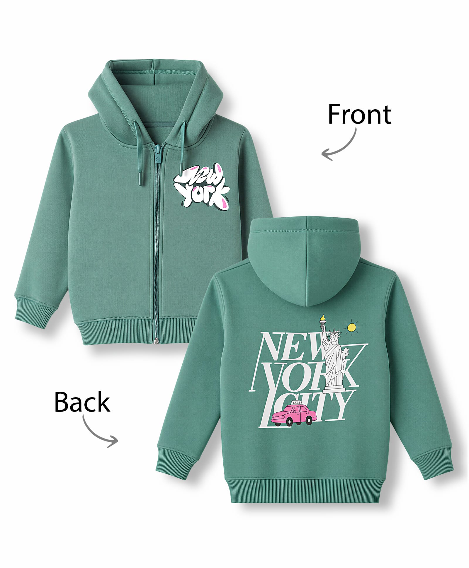 Doreme Fleece Knit Full Sleeves Front & Back New York City Printed Hooded Sweatshirt - Green-picture-21