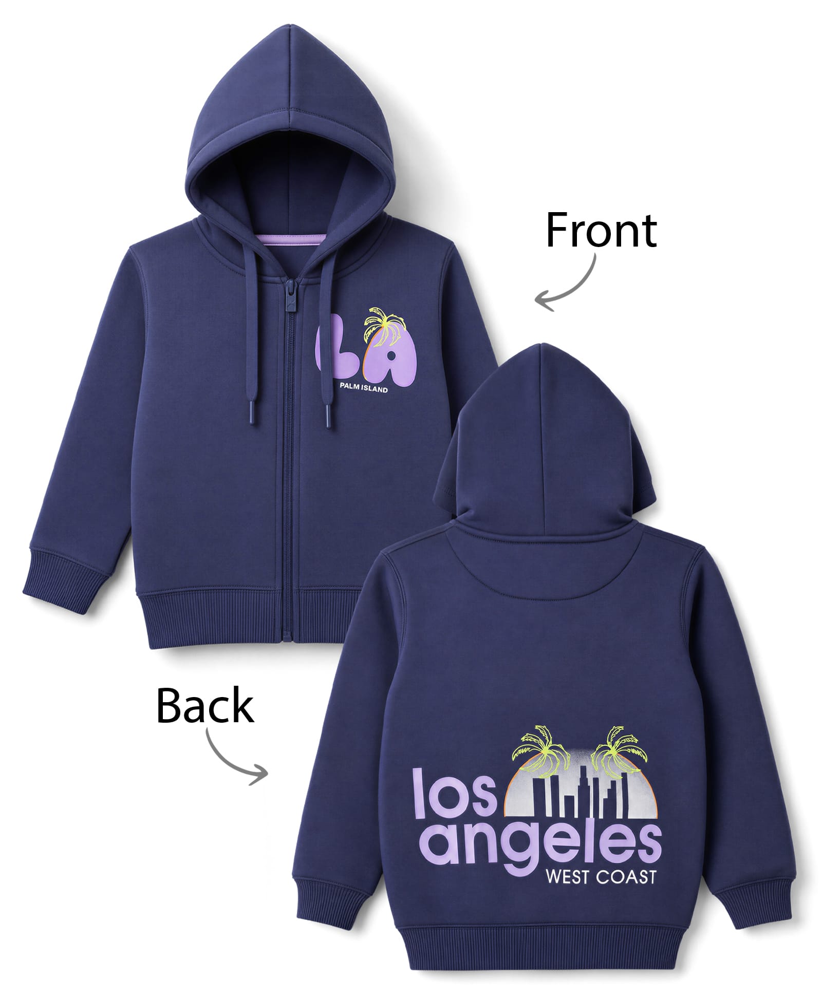 Doreme Fleece Knit Full Sleeves Front & Back Los Angeles Printed Hooded Sweatshirt - Blue-image-16