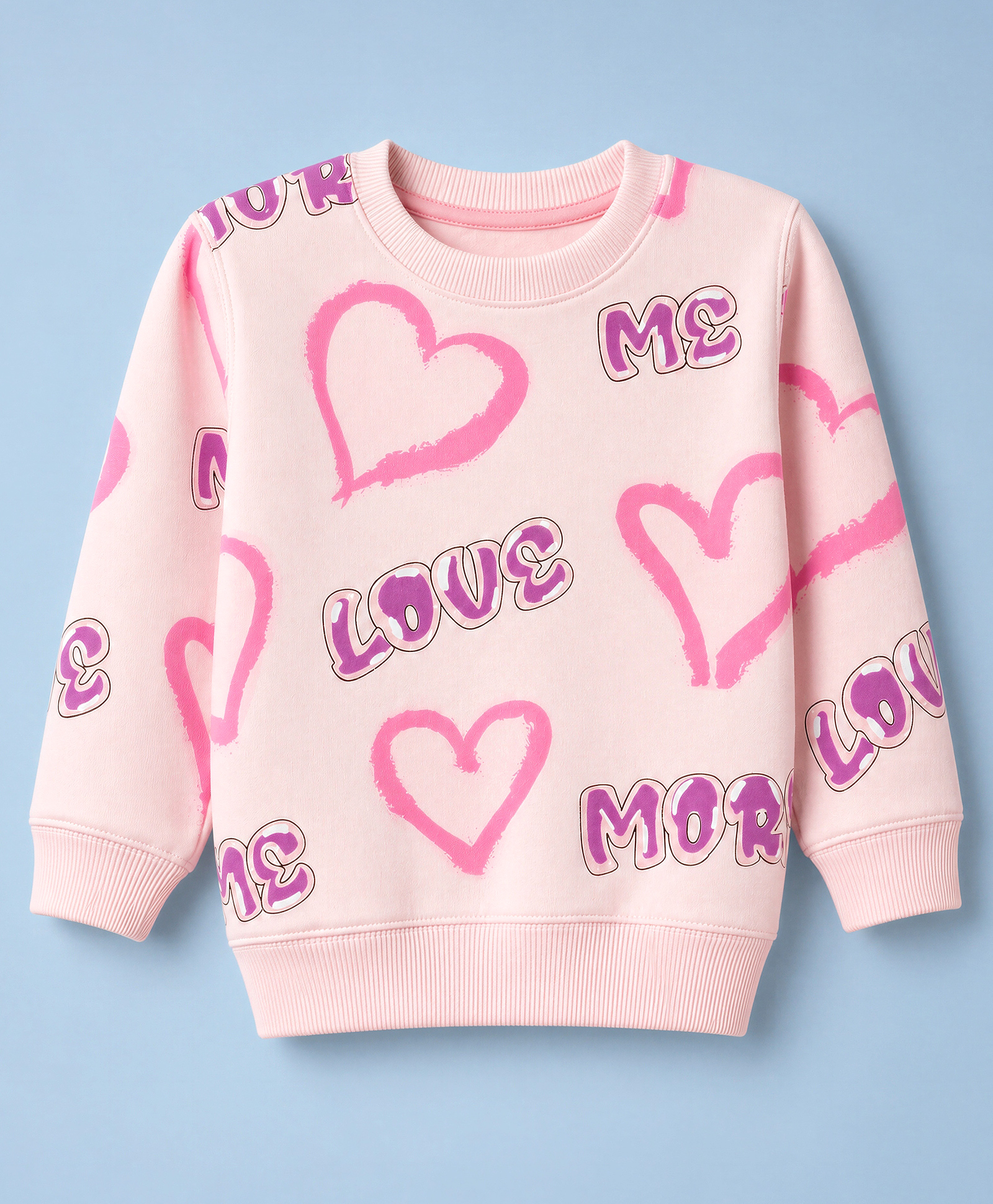 Doreme Fleece Knit Sweatshirt with Full Sleeves and Hearts Print - Pink-picture-15