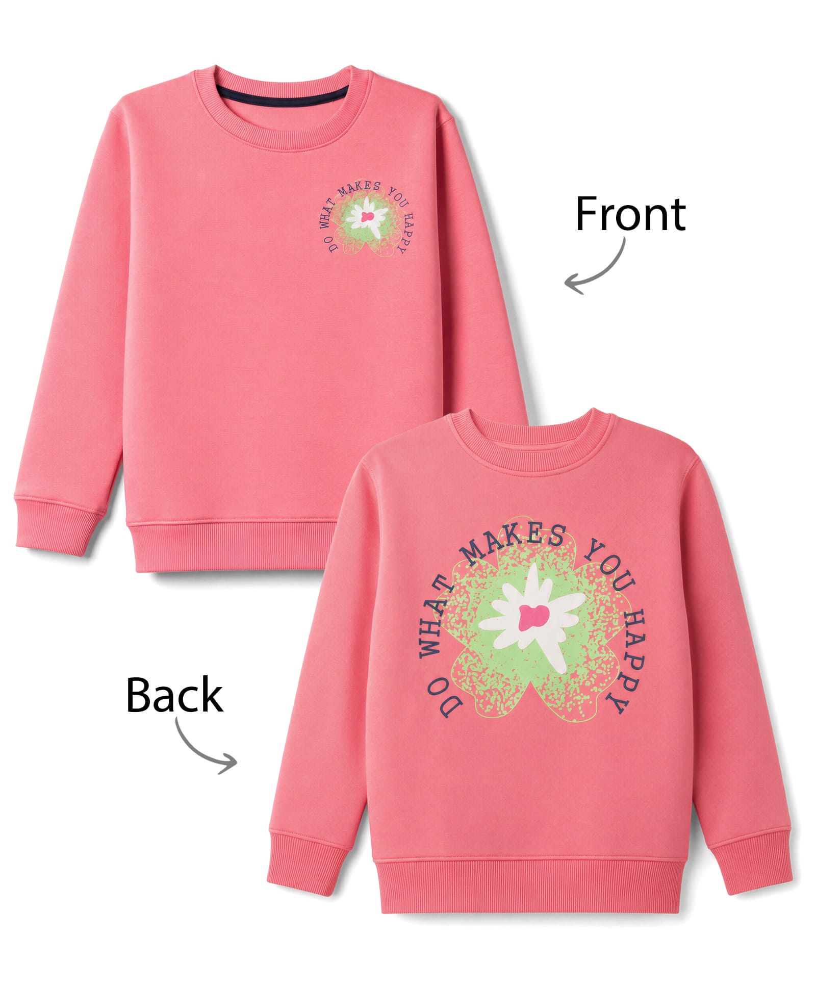 Doreme Fleece Knit Full Sleeves Front & Back Do What Makes You Happy Printed Sweatshirt - Coral-image-15