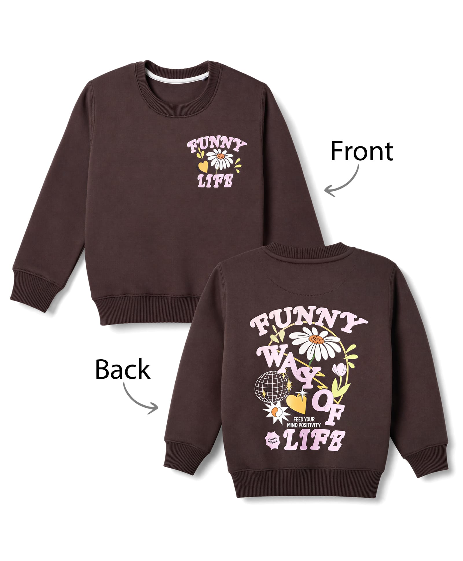 Doreme Fleece Knit Full Sleeves Funny Life & Floral Printed Sweatshirt - Brown-picture-25