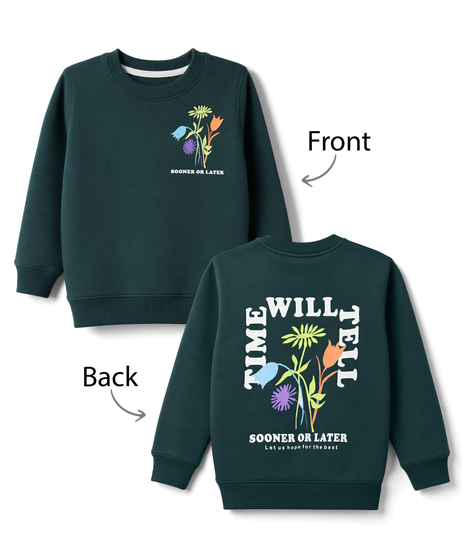Doreme Fleece Knit Full Sleeves Floral Printed Sweatshirt - Dark Green-image-4