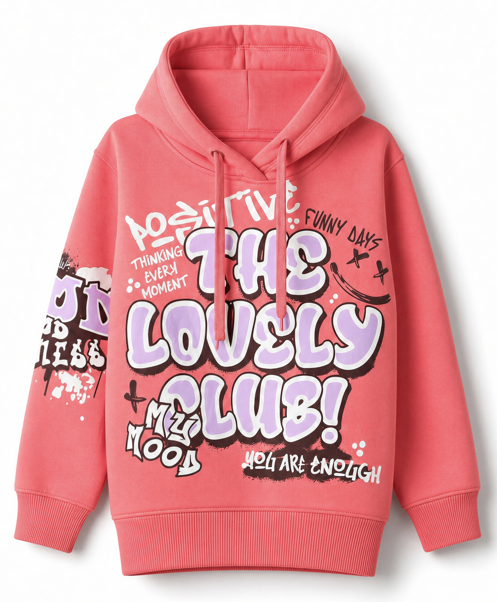 Doreme Fleece Knit Sweatshirt with Full Sleeves and Lovely Club Text Print - Coral-picture-11