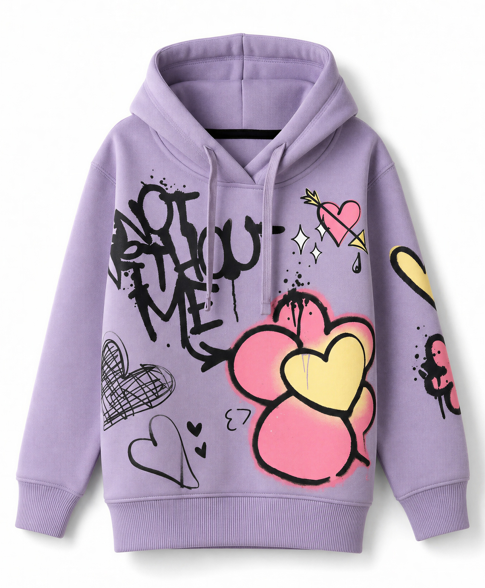 Doreme Fleece Knit Hooded Sweatshirt With Full Sleeves and Hearts Print - Lilac-image-37