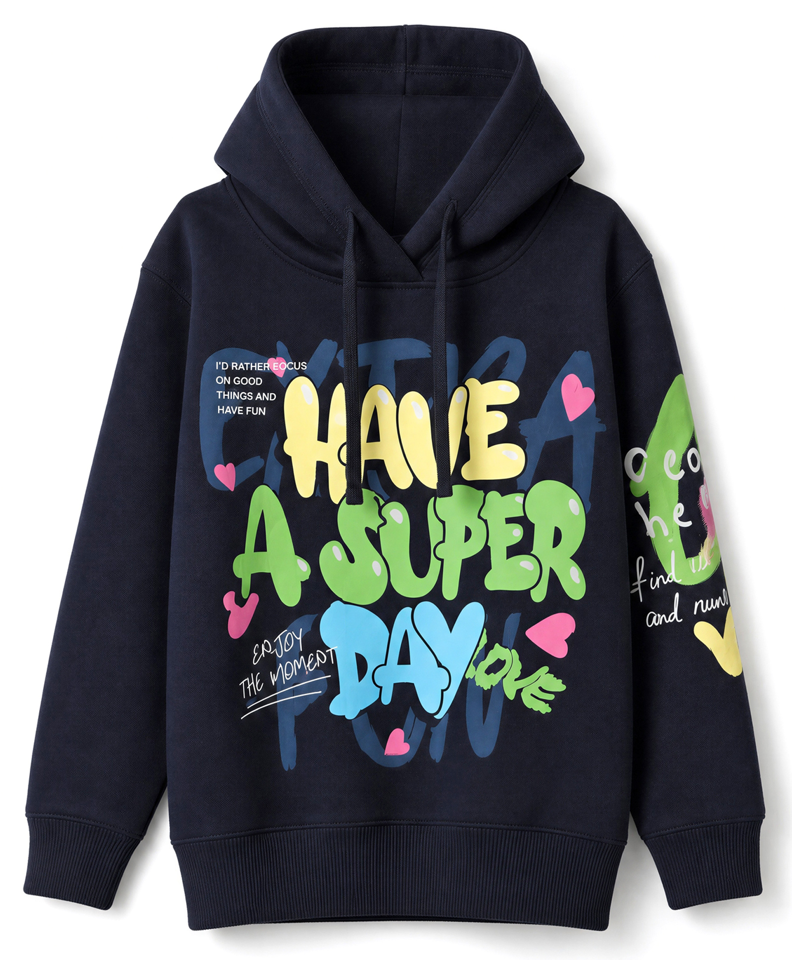Doreme Fleece Knit Hooded Sweatshirt With Full Sleeves and Text Print - Navy Blue-image-0