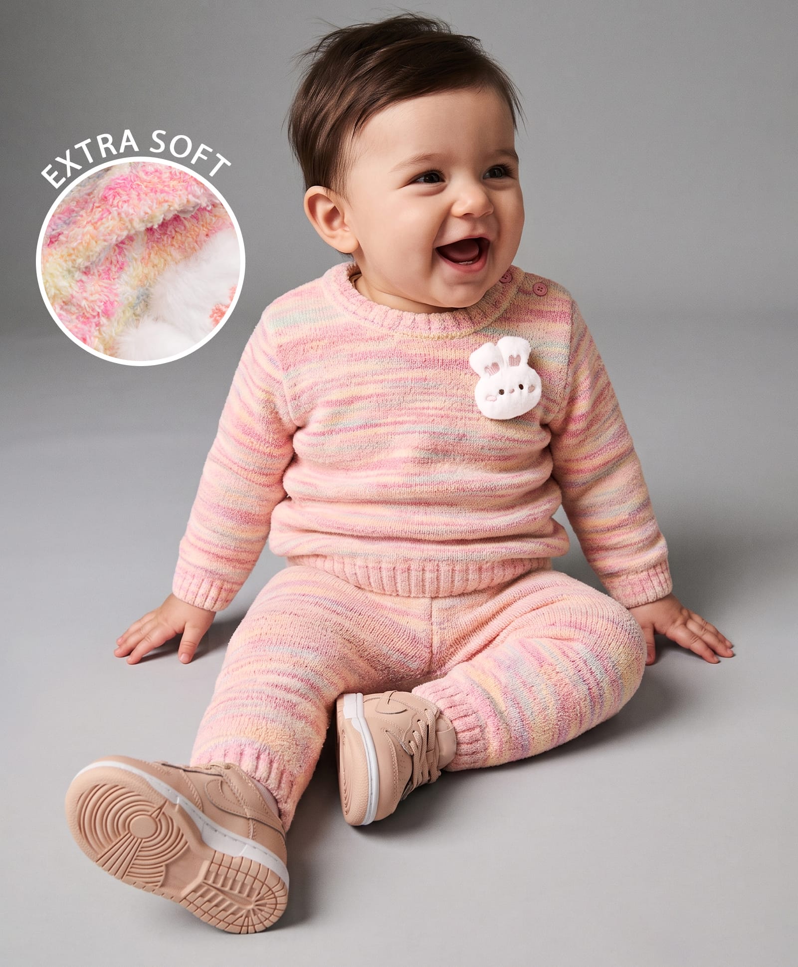 Babyoye Knit Full Sleeves Space Dyed Yarn Baby Sweater With Rabbit Applique - Pink-image-41