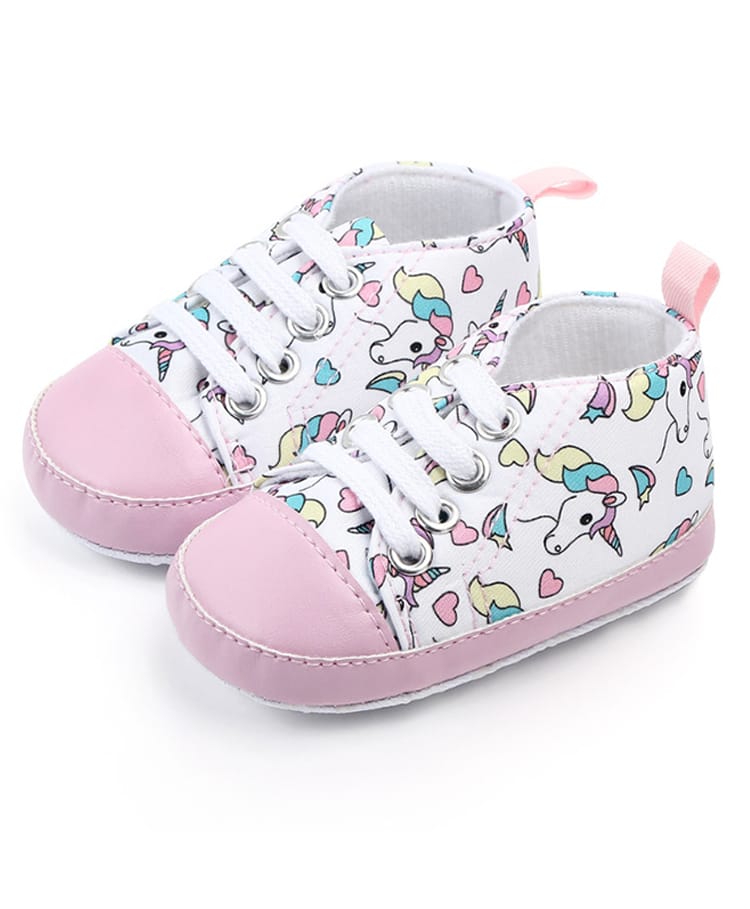 KIDLINGSS Unicorn Printed Lace Up Booties - White & Pink-image-33