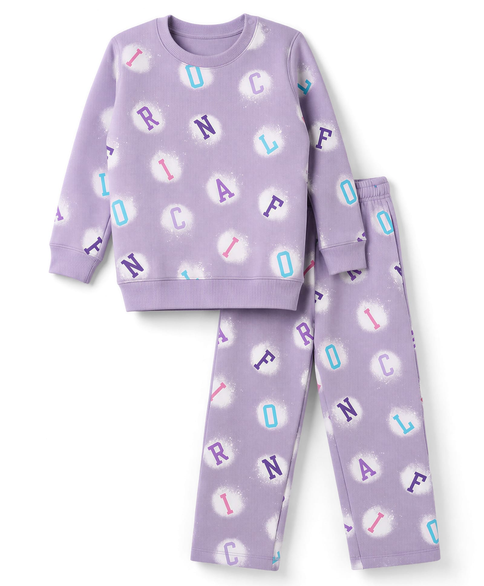 Doreme Fleece Knit Full Sleeves Co-Ords Alphabet Printed Winter Wear T-Shirt & Lounge Pant Set - Lilac-image-26