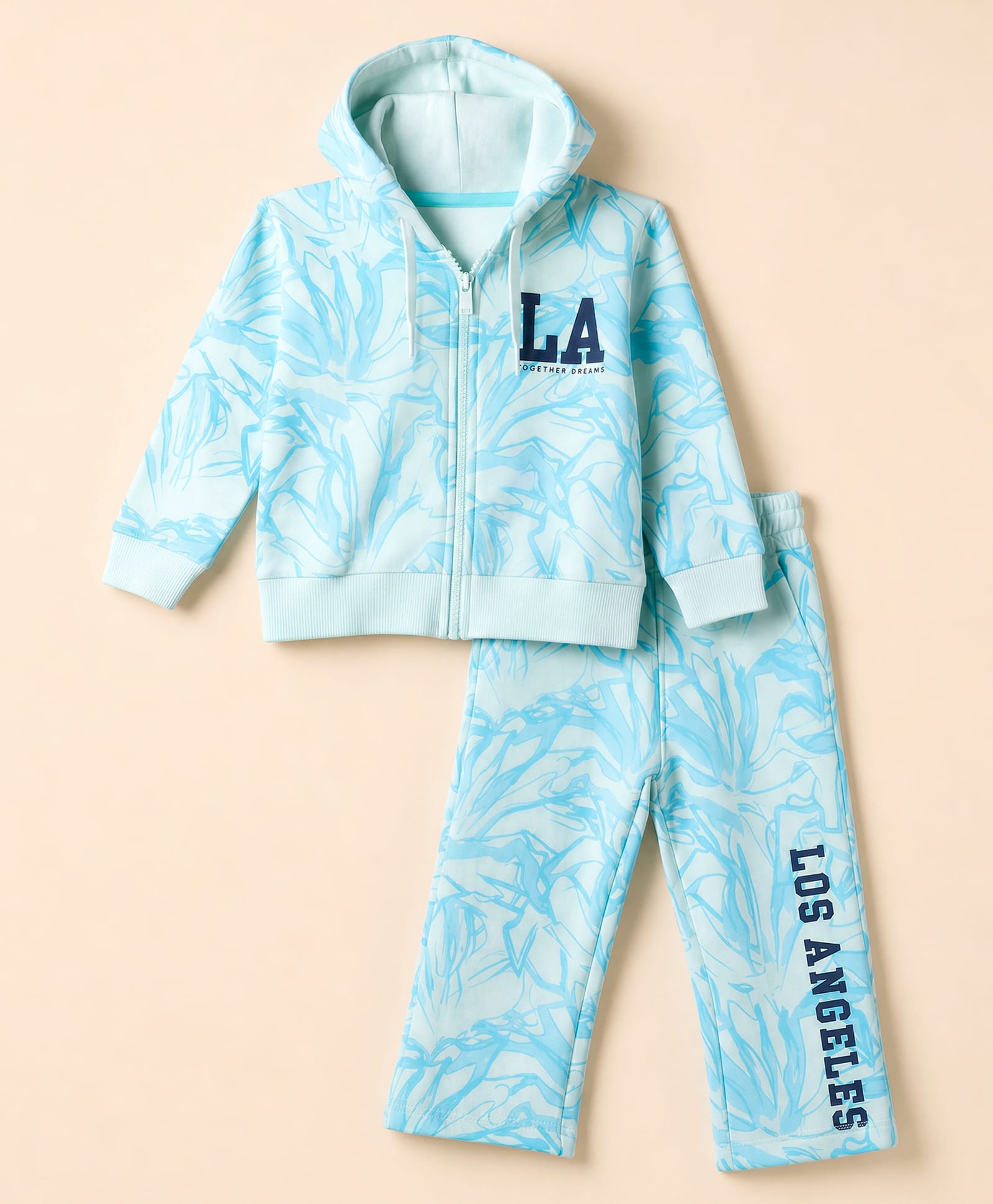 Doreme Fleece Knit Full Sleeves Winter Wear Hooded Sweat Jacket & Lounge Pant Set with Leafy & Text Print - Light Blue-image-36