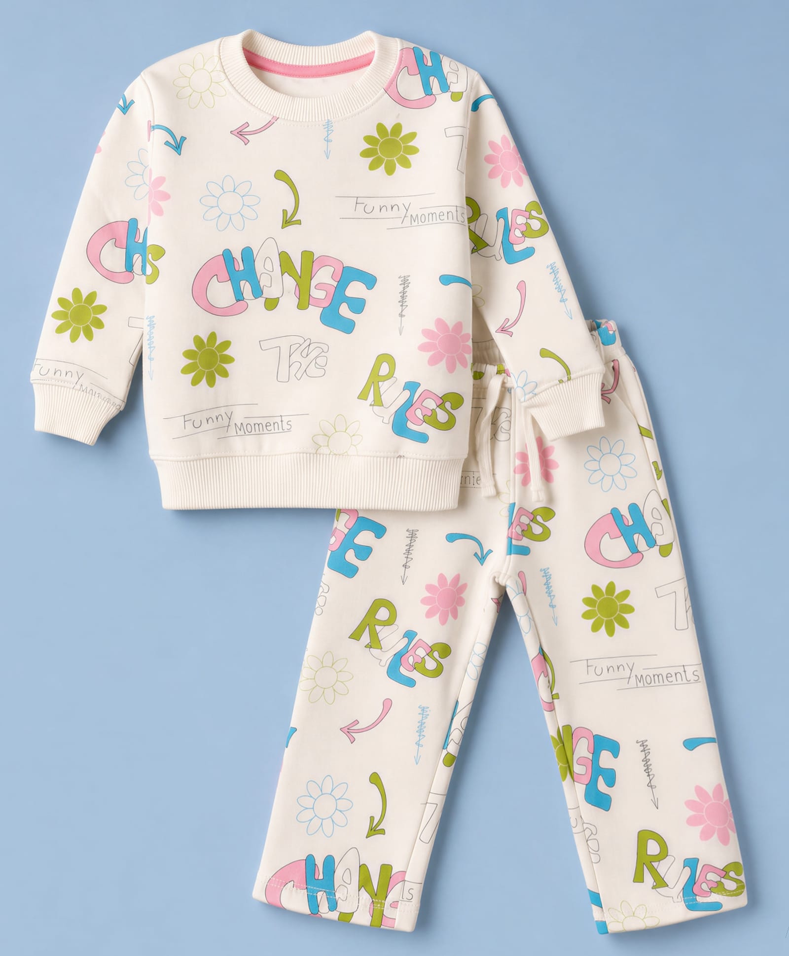 Doreme Fleece Knit Full Sleeves Co-Ords Floral Printed Winter Wear T-Shirt & Lounge Pant Set - Cream-picture-37
