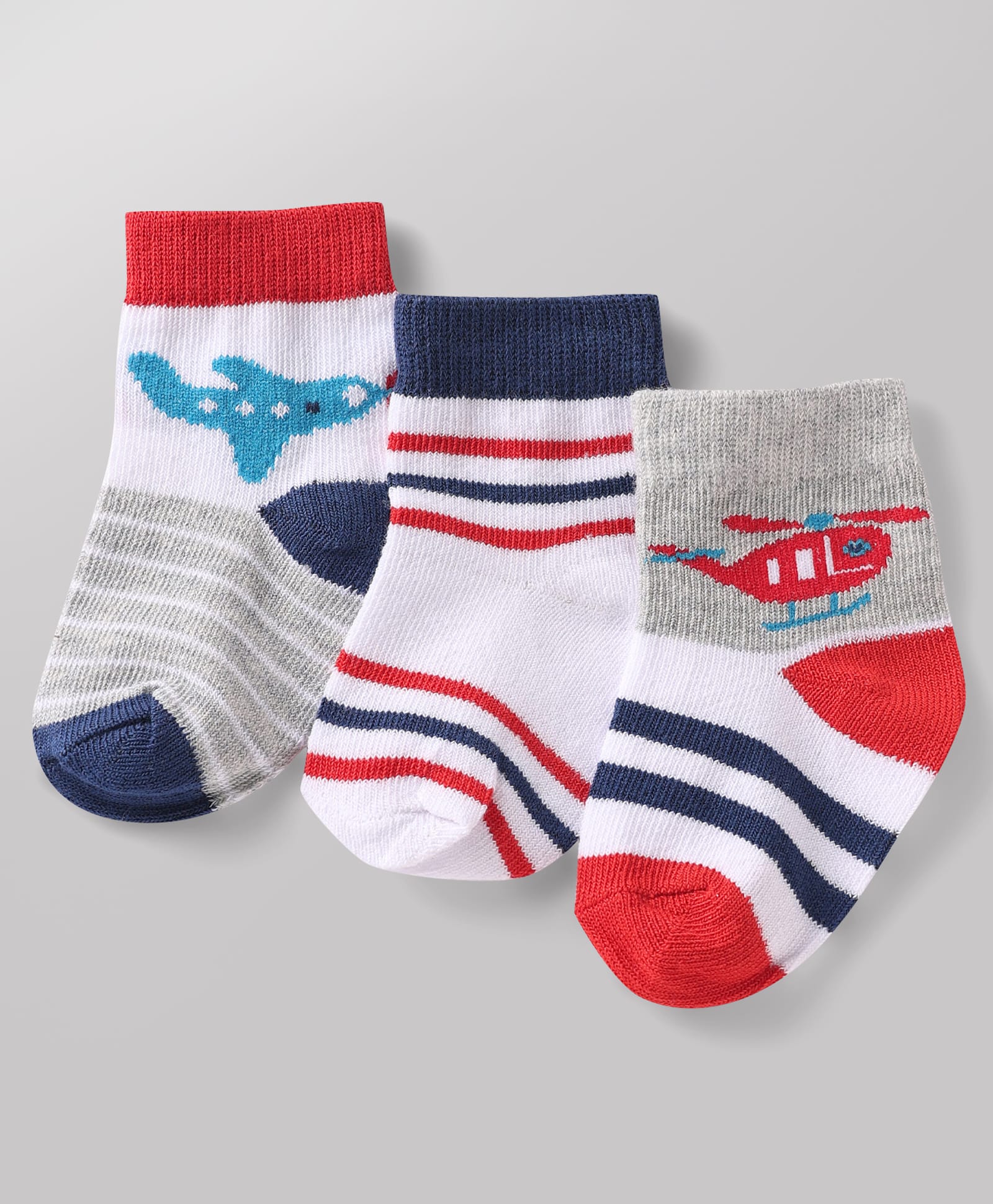 Doodle Poodle Cotton Knit Ankle Length Striped Socks With Aeroplane & Helicopter Design Pack of 3 - White, Grey & Red-picture-20