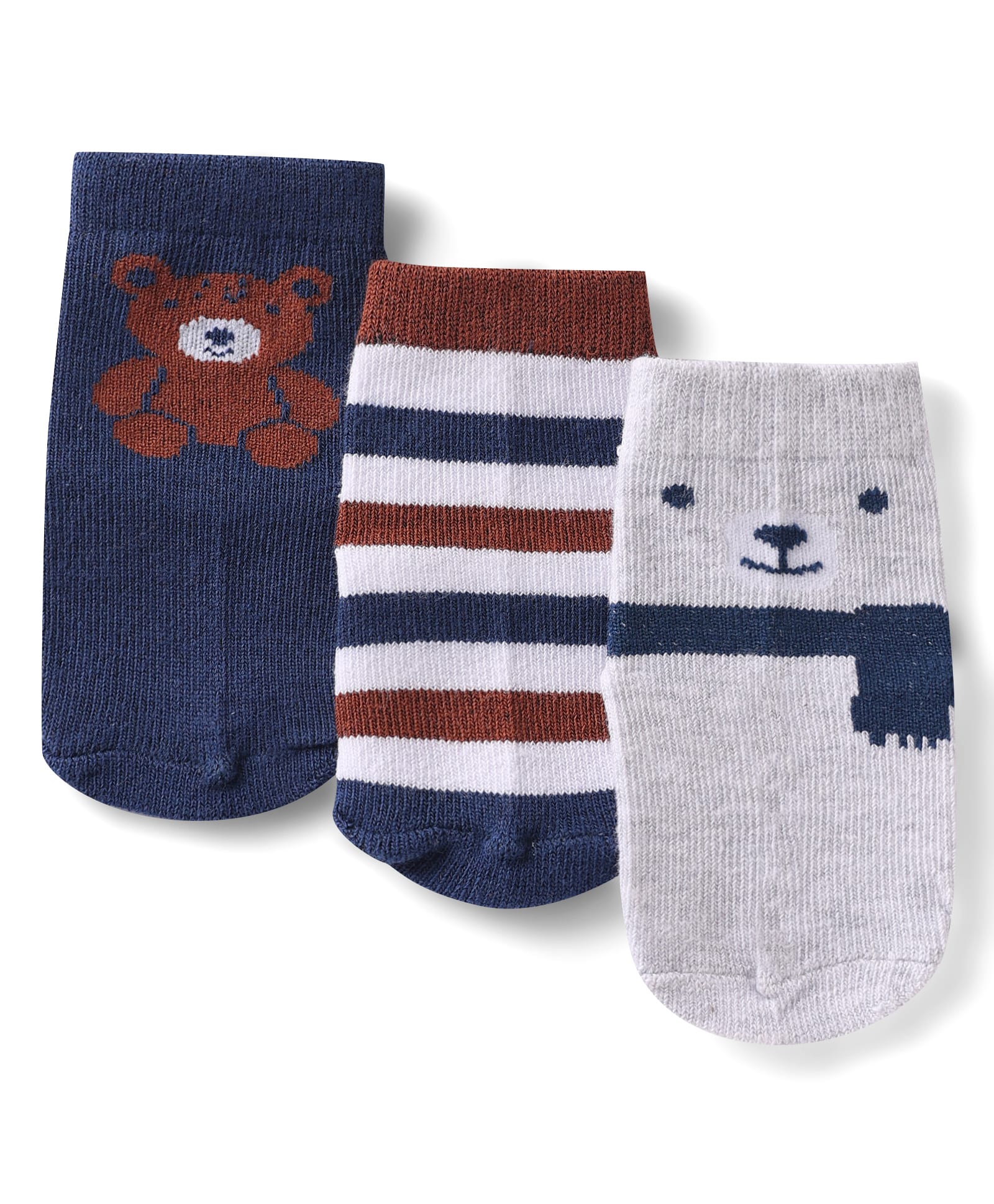 Doodle Poodle Cotton Knit Ankle Length Striped Socks With Teddy Bear Design Pack of 3 - White, Grey & Navy Blue-picture-18