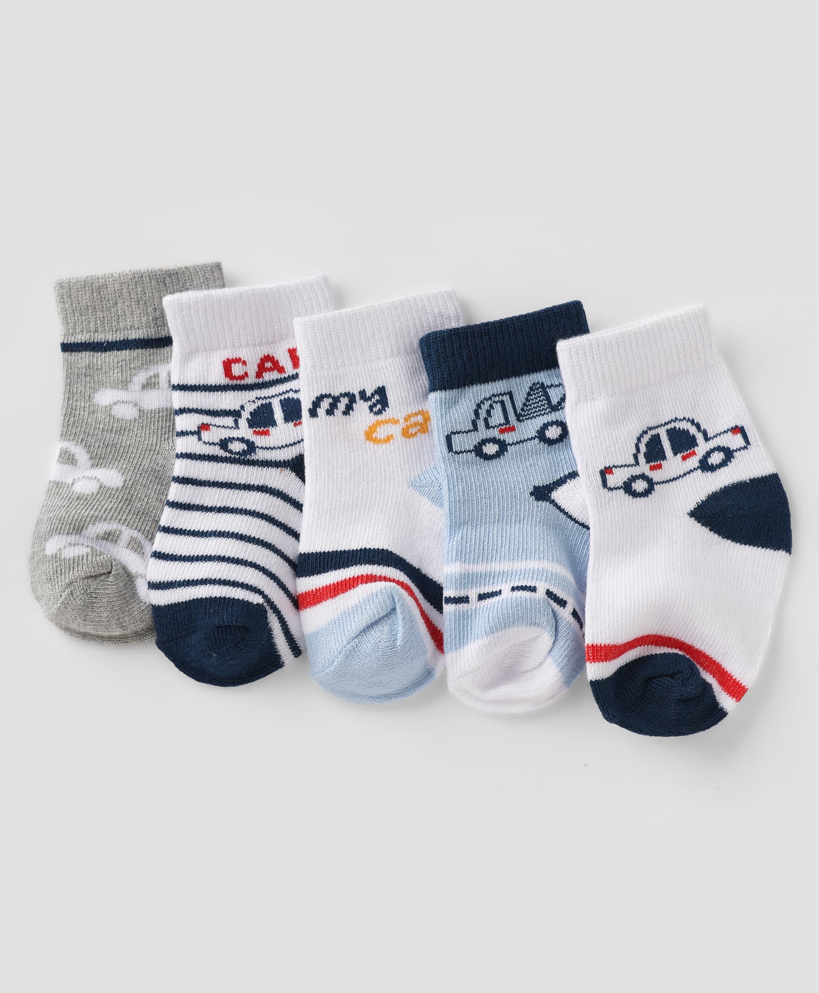 Doodle Poodle Knit Ankle Length Stripped Socks with Car Design Pack of 5 - White Grey Blue-image-8